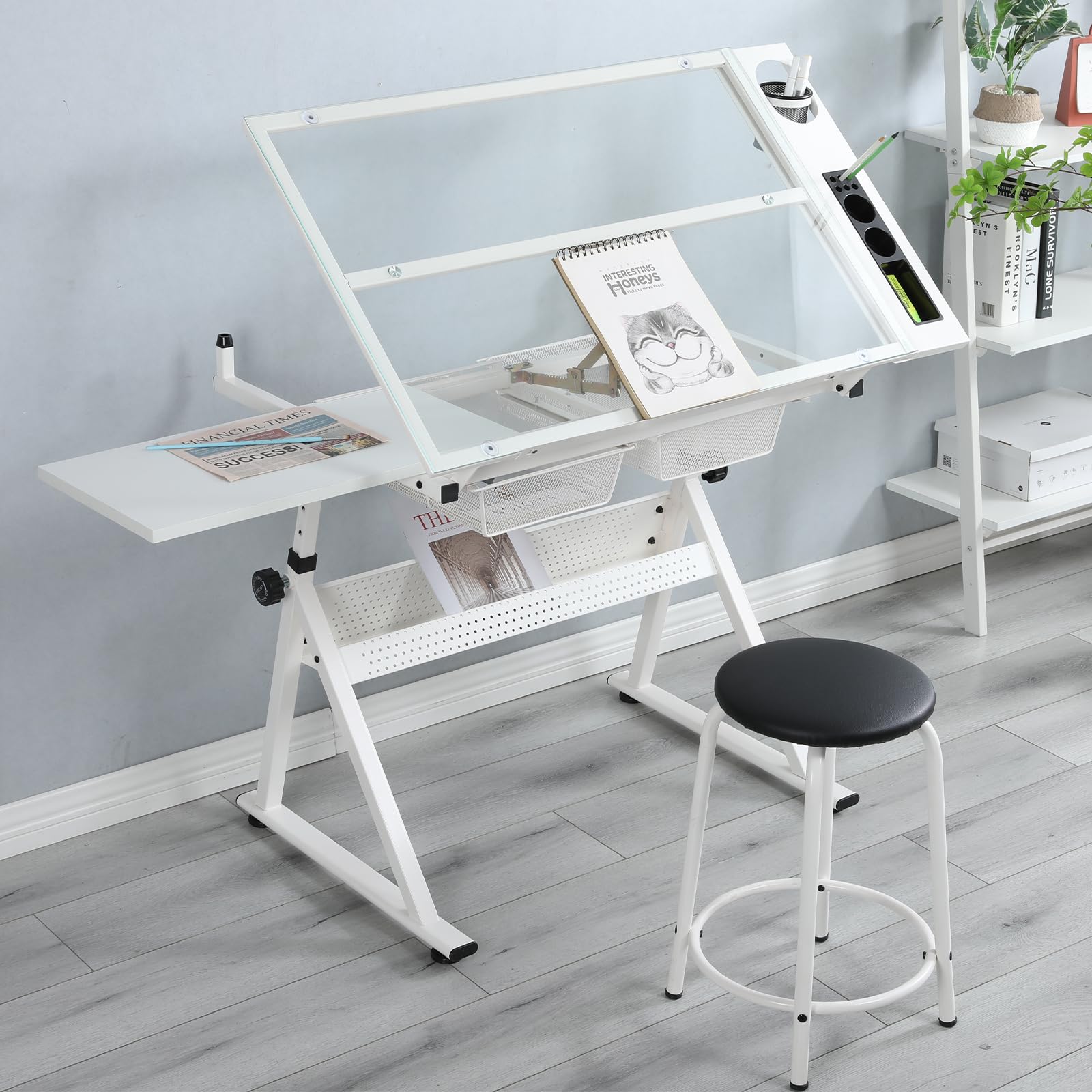 Art Table With Storage Adjustable Drafting Table With Stool - Tempered ...