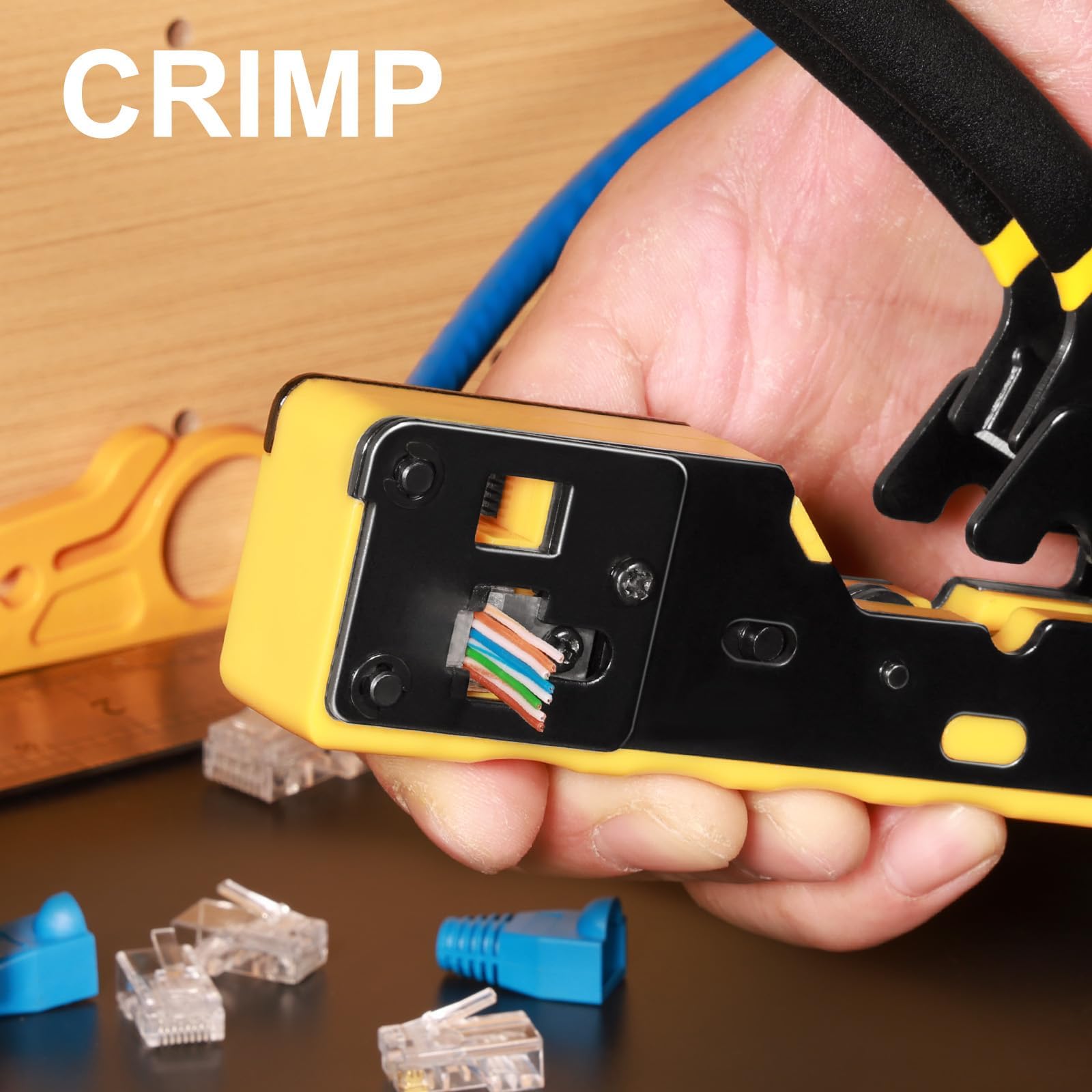 Kit de herramientas de crimpado RJ45 todo en uno, kit de herramientas de crimpado Ethernet, herramienta de crimpado de paso RJ45 para Cat6 Cat5e Cat6a con probador de cables de red, 50