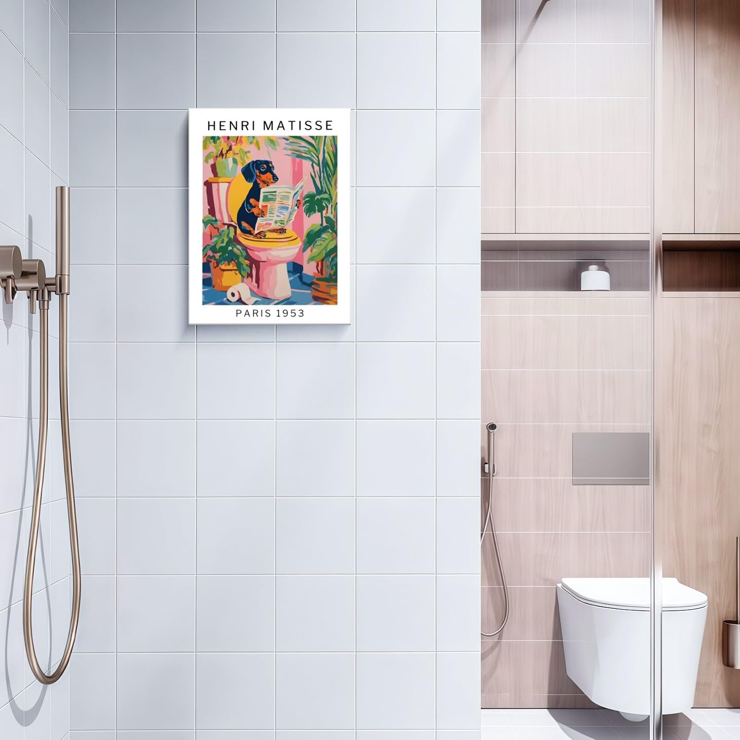 Framed Funny Dog Bathroom Canvas Wall Art Henri Matisse Cute Animal Poster Humorous Dog on Toilet Picture Colorful Dopamine Vintage Pet Decor for Bathroom Bedroom 16x24 inch Ready to Hang
