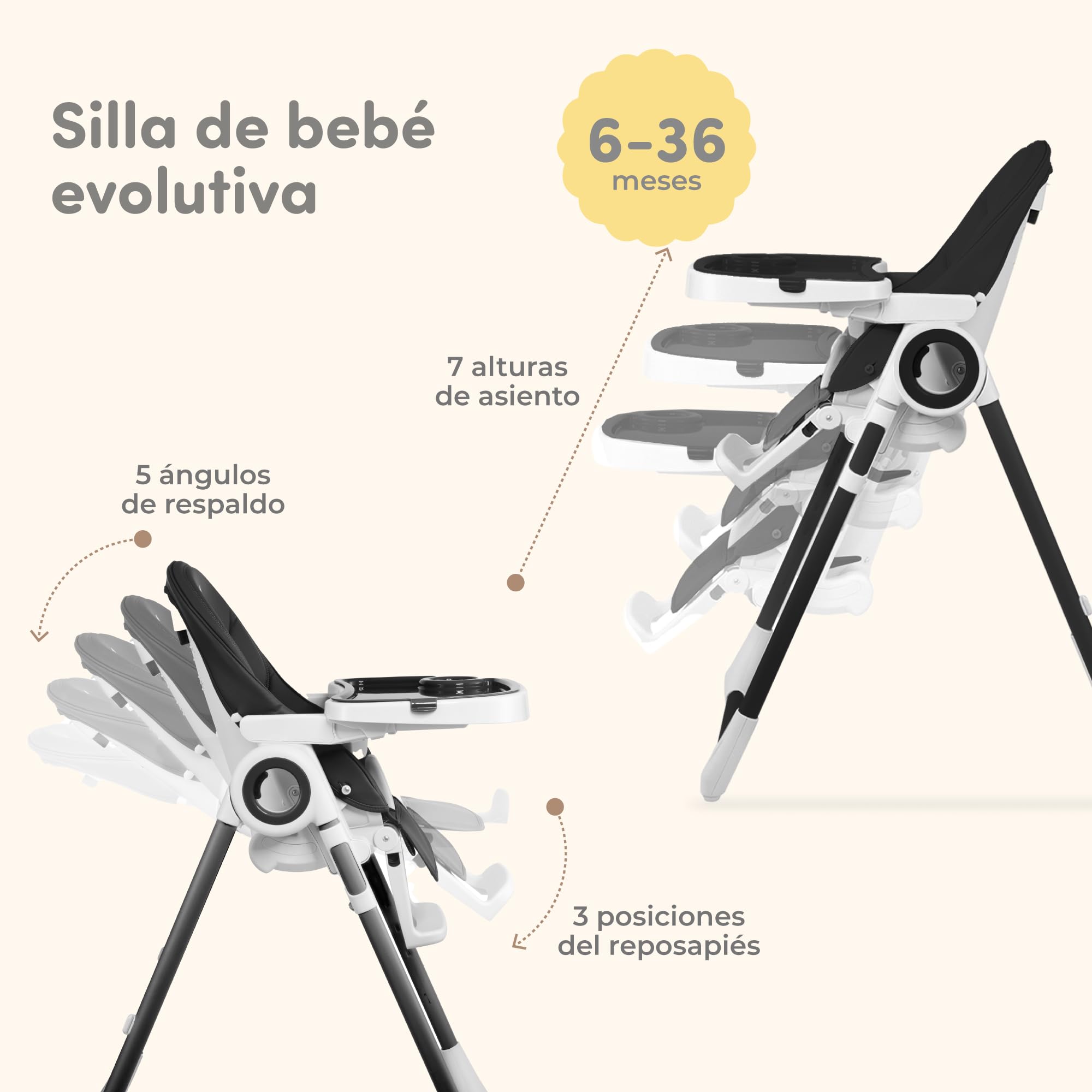 Sweety Fox Tronas de Bebe Evolutiva - Respaldo para Niño Reclinable 5 Posiciones - Trona Portatil Bebe 7 Alturas Diferentes - Trona Bebe - Negro