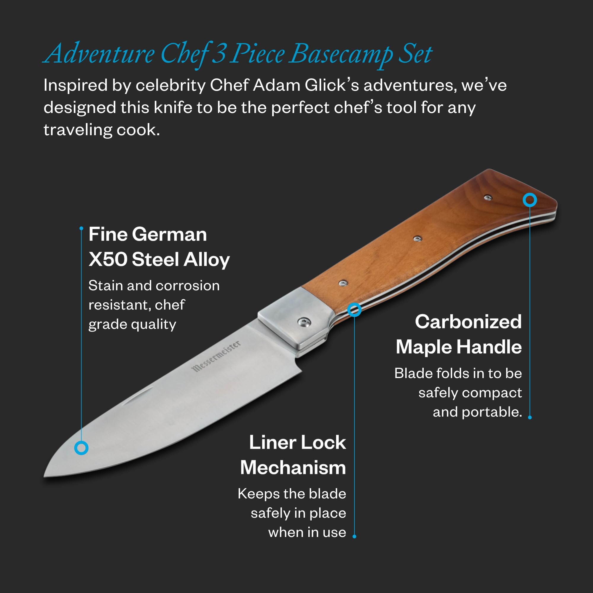 Messermeister Adventure Chef 3-Piece Basecamp Set - Includes Folding 6” Chef’s Knife, Folding TPE Cutting Board & Waxed Canvas Case — Amazon image 2