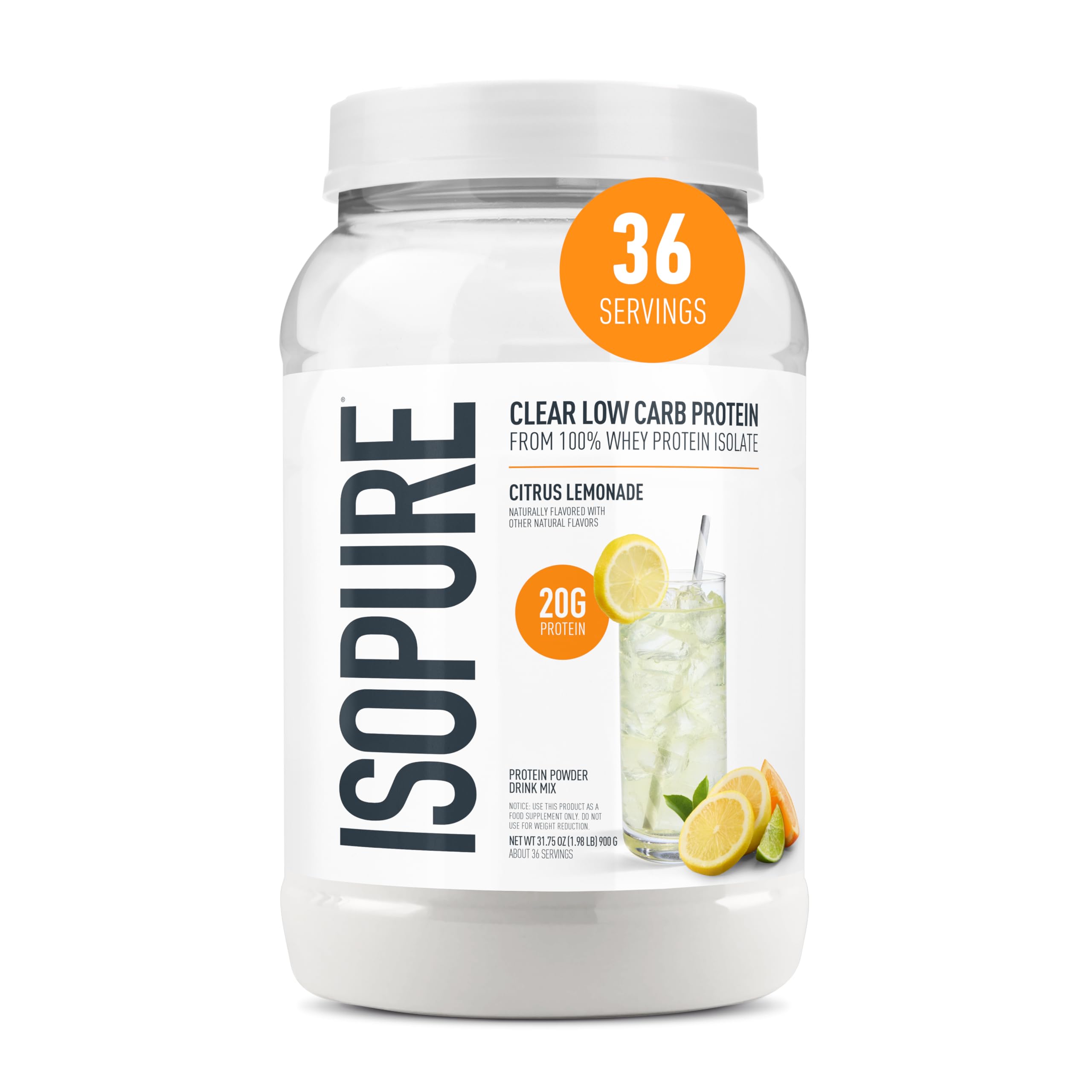 Isopure Whey Protein Isolado em Pó 20 g, sabor Citrus Lemonade, 36 porções, 863 g