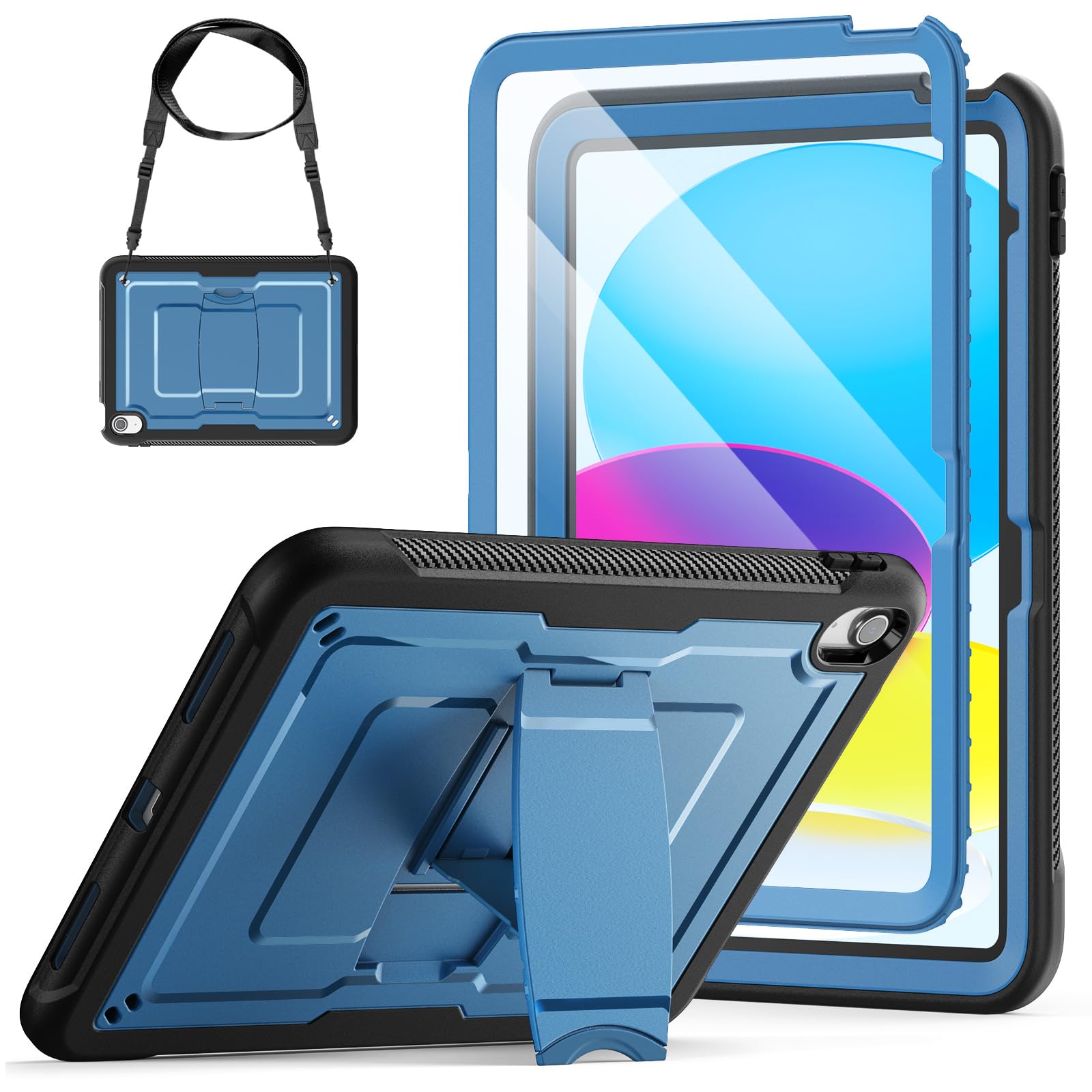 SEYMAC stock Hülle für iPad A16 11./10. Generation 11/10.9 Zoll 2025/2022, Stoßfeste Hülle mit Displayschutz, Faltbar Ständer/Schultergurt für iPad 11" A16/10.9", Dunkelblau/Schwarz