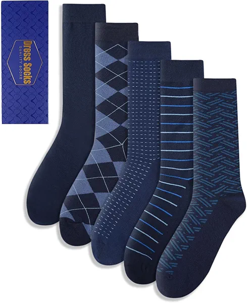 ZhiNuSi Mens Dress Socks Classic Patterned Business Crew Cotton Socks for Father Birthday Christmas Gifts 5 Pairs