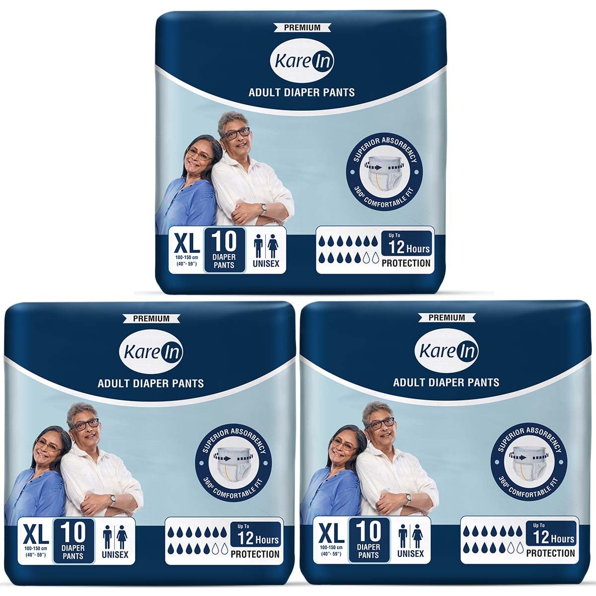 KareIn Premium Adult Diaper Pants, Extra Large 100-150 Cm (40"- 59"), 30 Count, Unisex, Leakproof, Elastic Waist, Wetness Indicator, Pack of 3