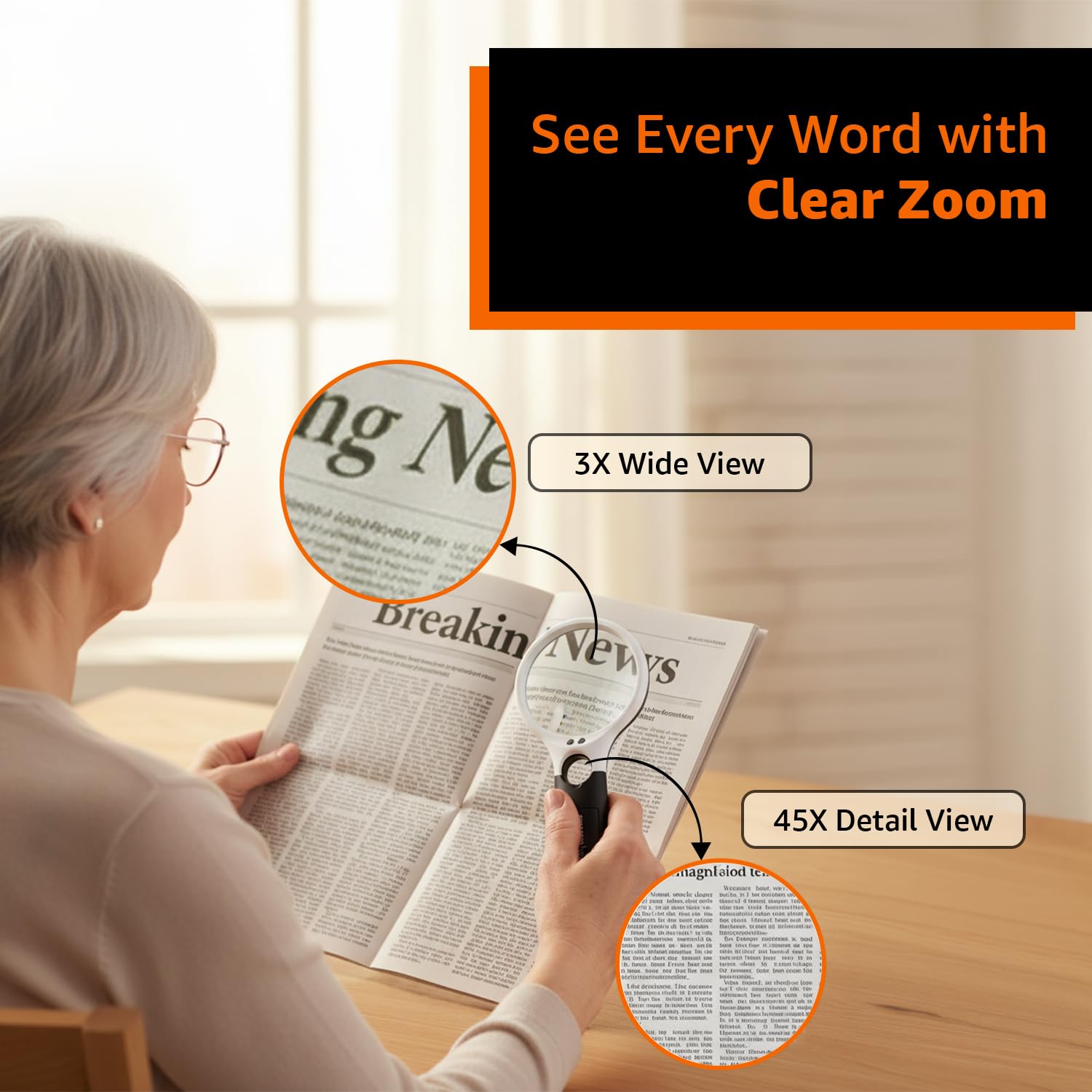 Amazon Basics Magnifying Glass with 3 Led Lights | 3X & 45X Big Size Zoom Lenses | Suitable for Seniors, Adults, Children | Ideal for Reading Books, Newspapers, maps 1