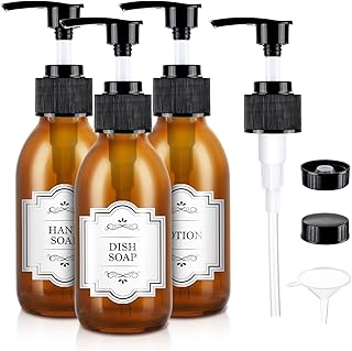 4 oz Amber Glass Pump Bottle, 125ml Small Lotion Dispenser Bottle for Body Massage Oil, Refillable Empty Hand and Dish Soap Dispensers Set with Storage Caps, Labels - 3 Pack