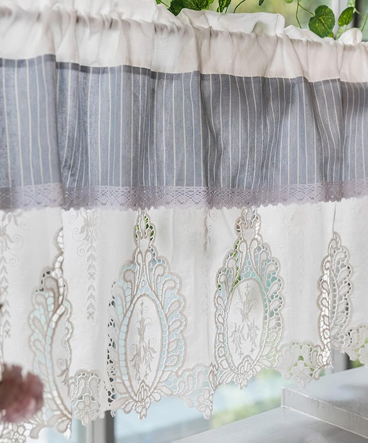 Short Curtain for Small Window Vintage Rustic Farmhouse Mediterranean Style Cotton Blue Stripped White Lace Embroidery Window Treatment Valance Window Drapes Half Curtain for Kitchen Café