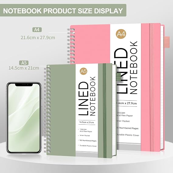 A4 Spiral Notebook, 110 Lined Pages, Flexible Plastic Cover, 3 Pack