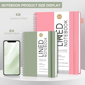A4 Spiral Notebook, 110 Lined Pages, Flexible Plastic Cover, 3 Pack