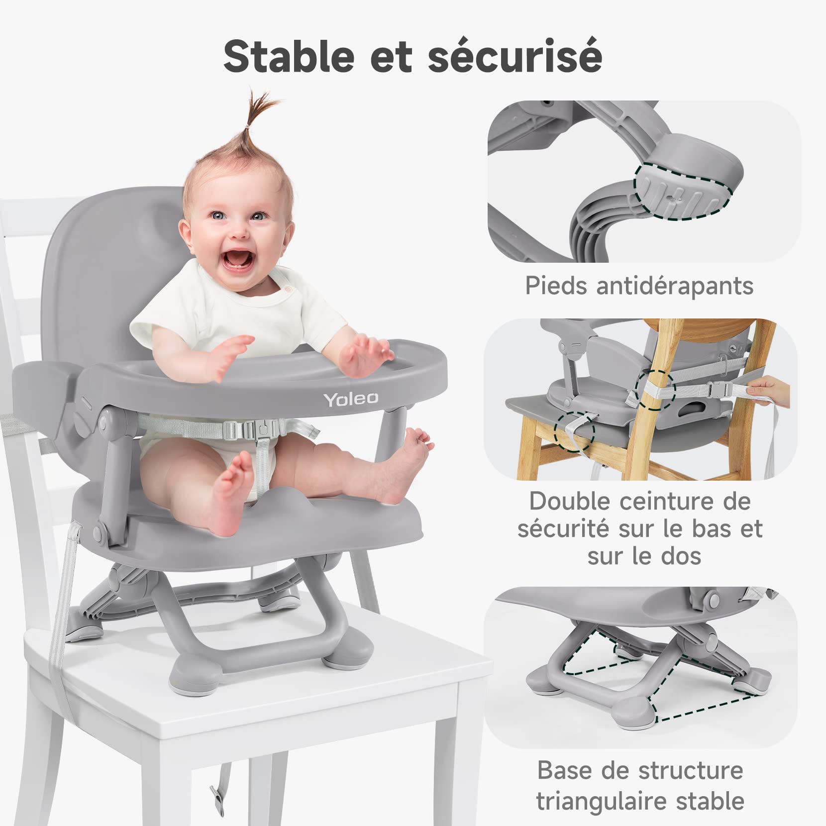 YOLEO Réhausseur Chaise Enfant Pliable, Chaise Haute Bébé Portable, Siège, Chaise repas en Hauteur Réglable, Plateau Amovible, 6 mois à 3 ans, Gris