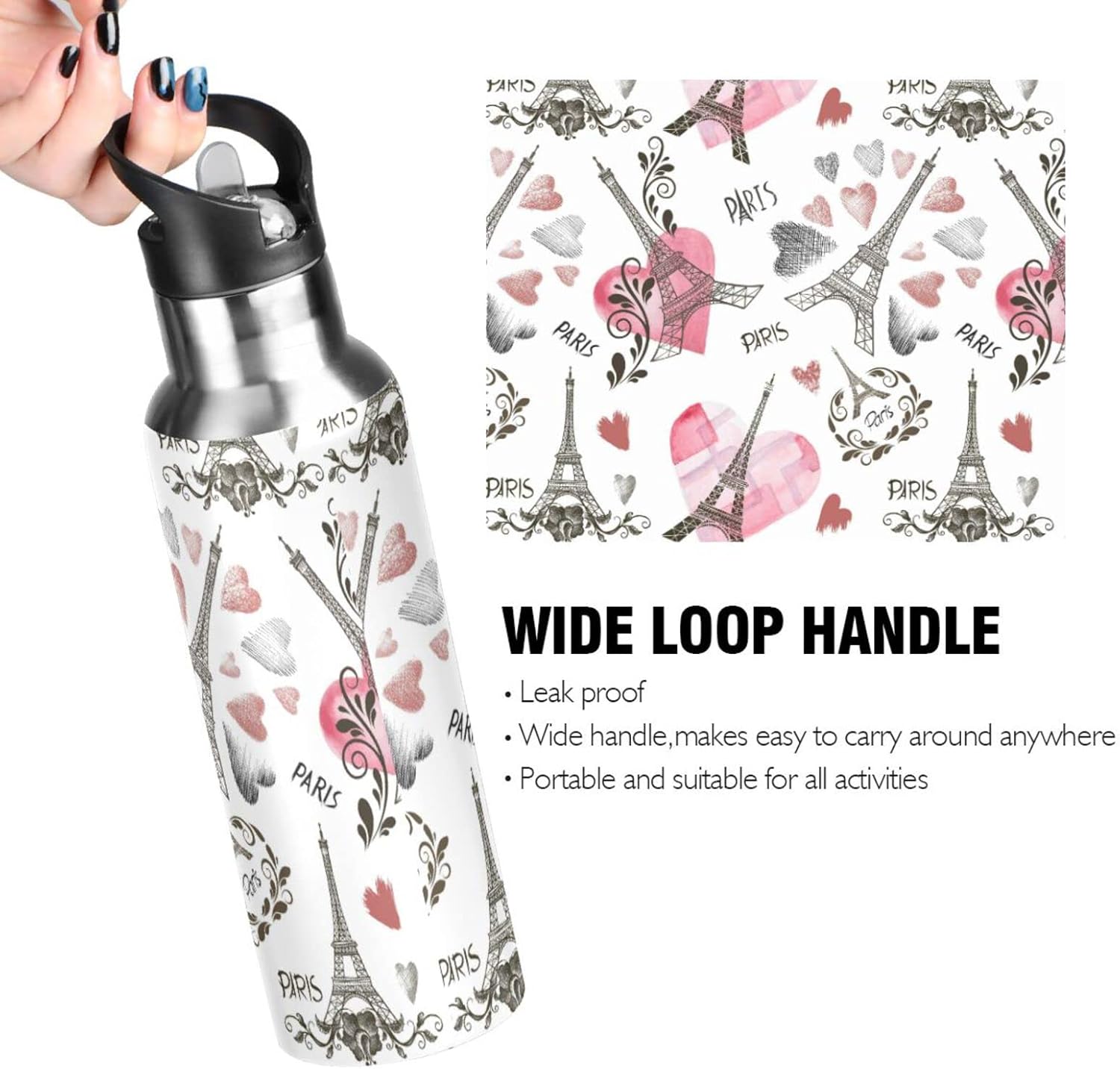 Wusikd Paris Eiffel Tower Water Bottle with Straw Lid Double Wall Heart Thermos Bottle Vacuum Insulated Flask Stainless Steel Water Bottle for Gym Outdoor 20 OZ