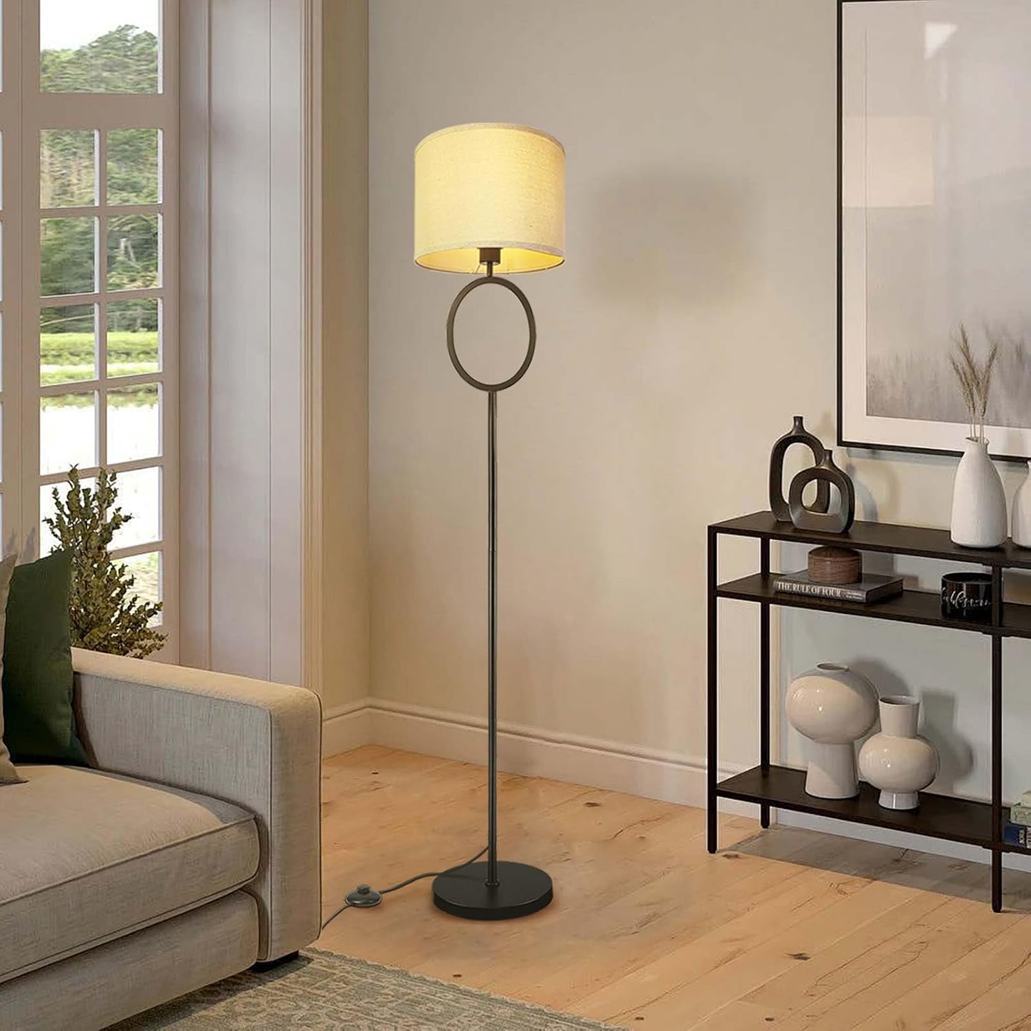 YeLEEiNO Floor Lamps, Moredern Lamp with Linen Shade, Simple Standing Lamp with Special Ring Decor Pole, Pedal On/Off Switch, E26 Black Tall Pole Lamp