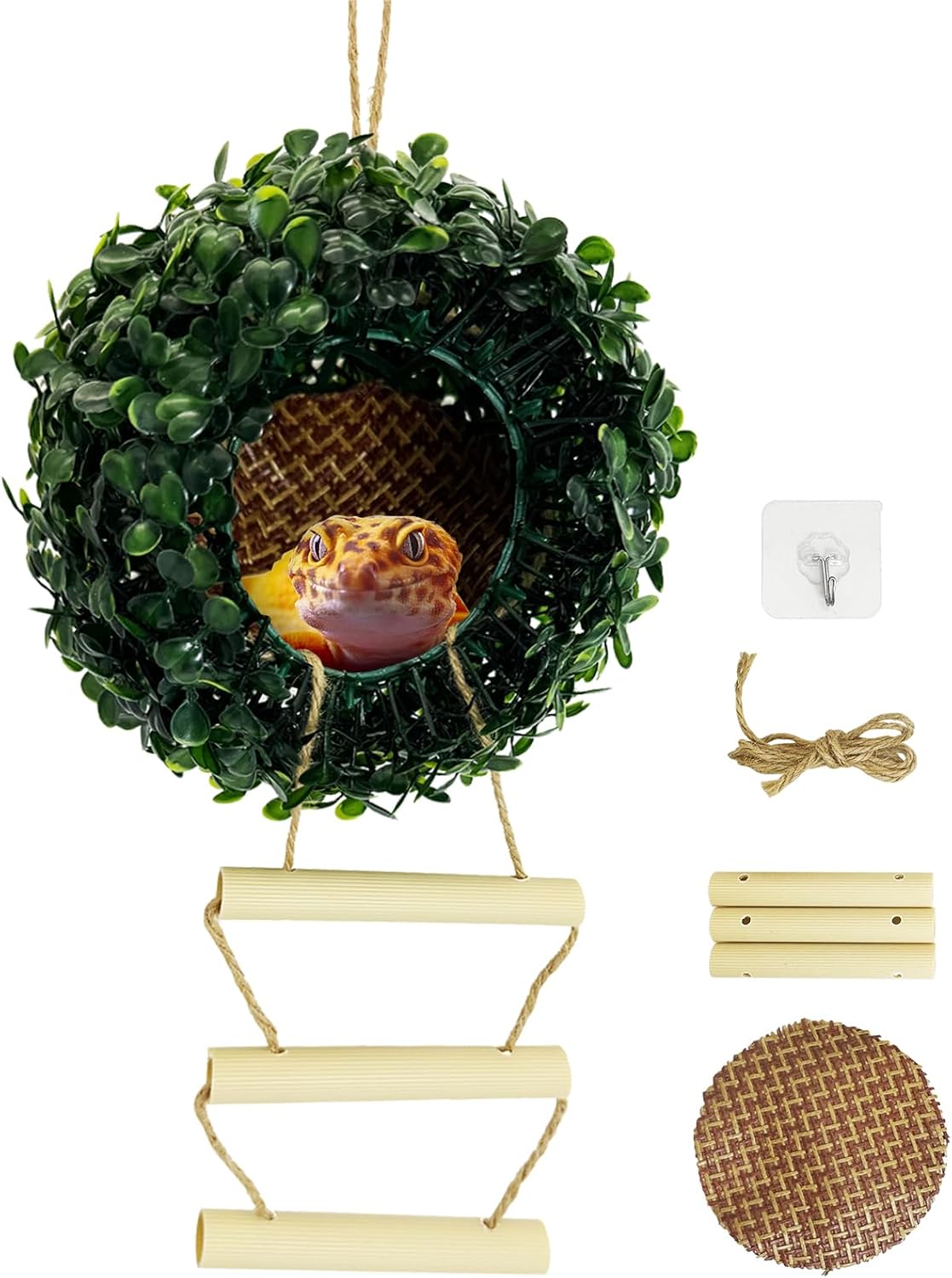 Hanging Reptile Hideout Leopard Gecko Artificial Grass Ball Cave with Climbing Ladder Frog Hide Cave Terrarium Decor for Lizard Frog Snake Spider(Style A)