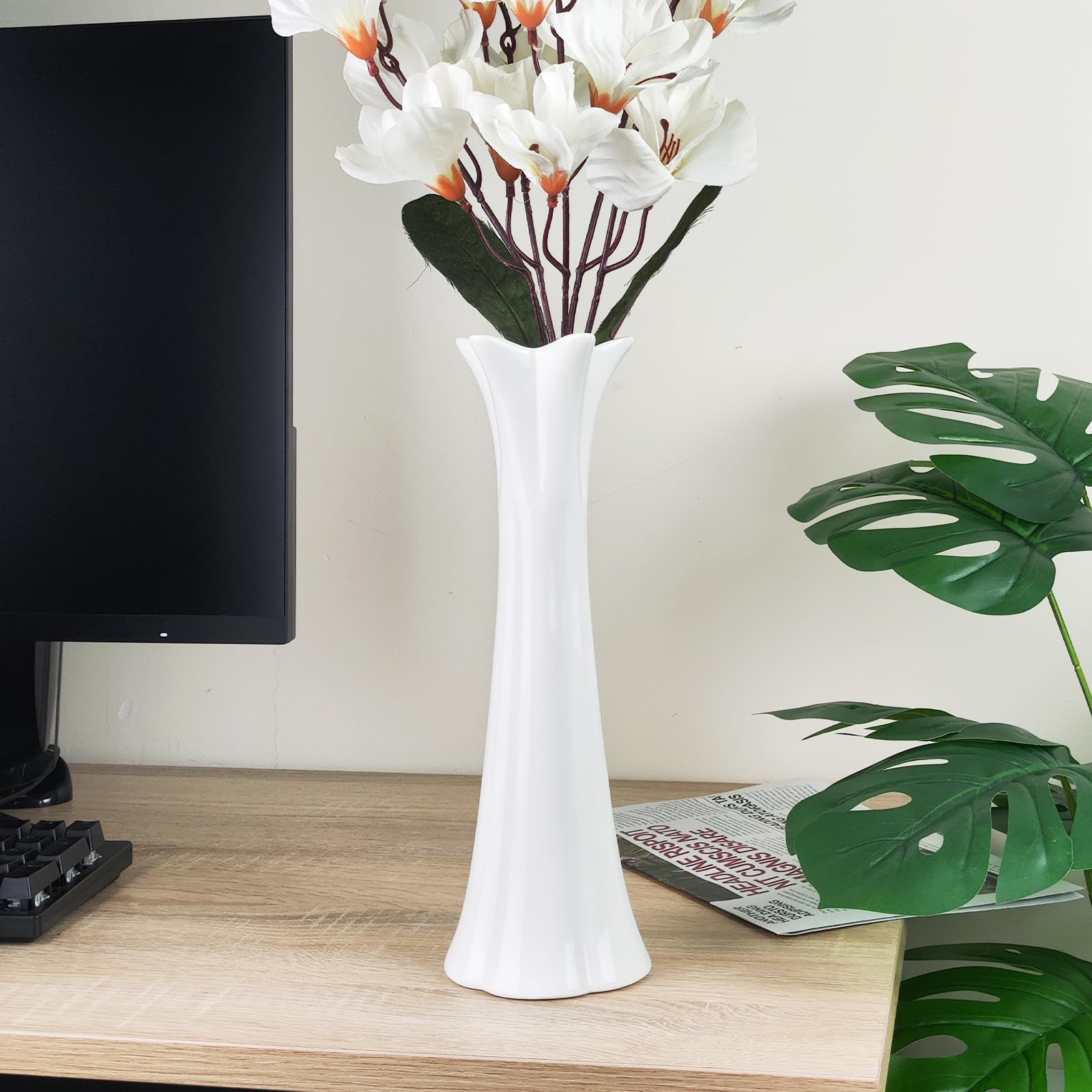 DJYY Modern White Ceramic Vase, 12 Inch Tall Elegant Textured Flower Vase for Pampas Grass Decorative Home Decor for Table Living Room