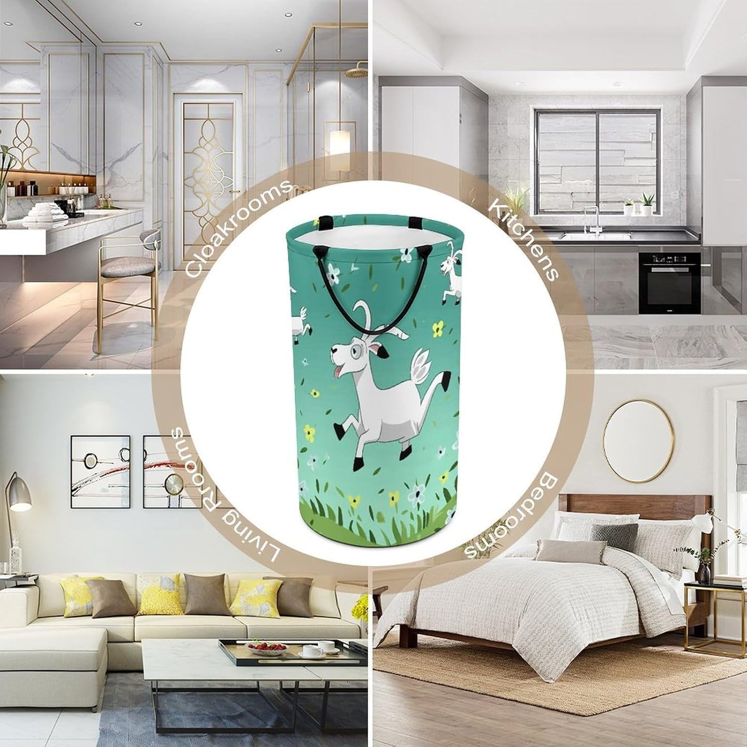 Goat Frolic Laundry Hamper with Handles Waterproof Collapsible Laundry Basket Large Lightweight Round Dirty Clothes Hamper for Home Dorm Bathroom Decor