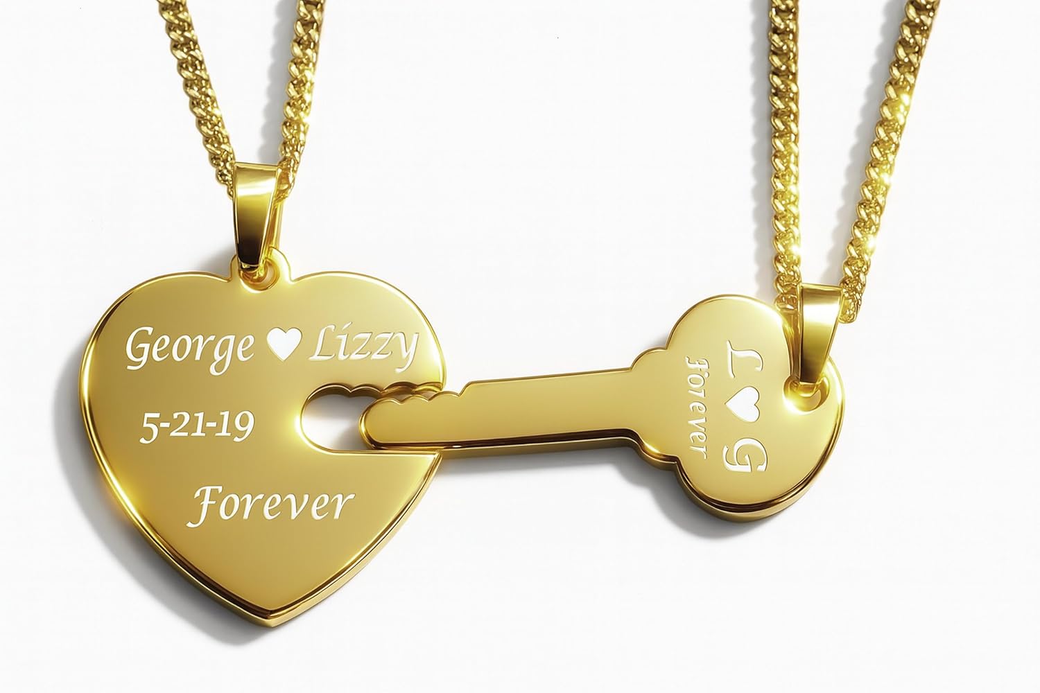 Personalized Gold Key to My Heart Necklace Set – Custom Engraved His & Hers Pendant Set - Couple's Jewelry | Free Engraving - Ships from USA