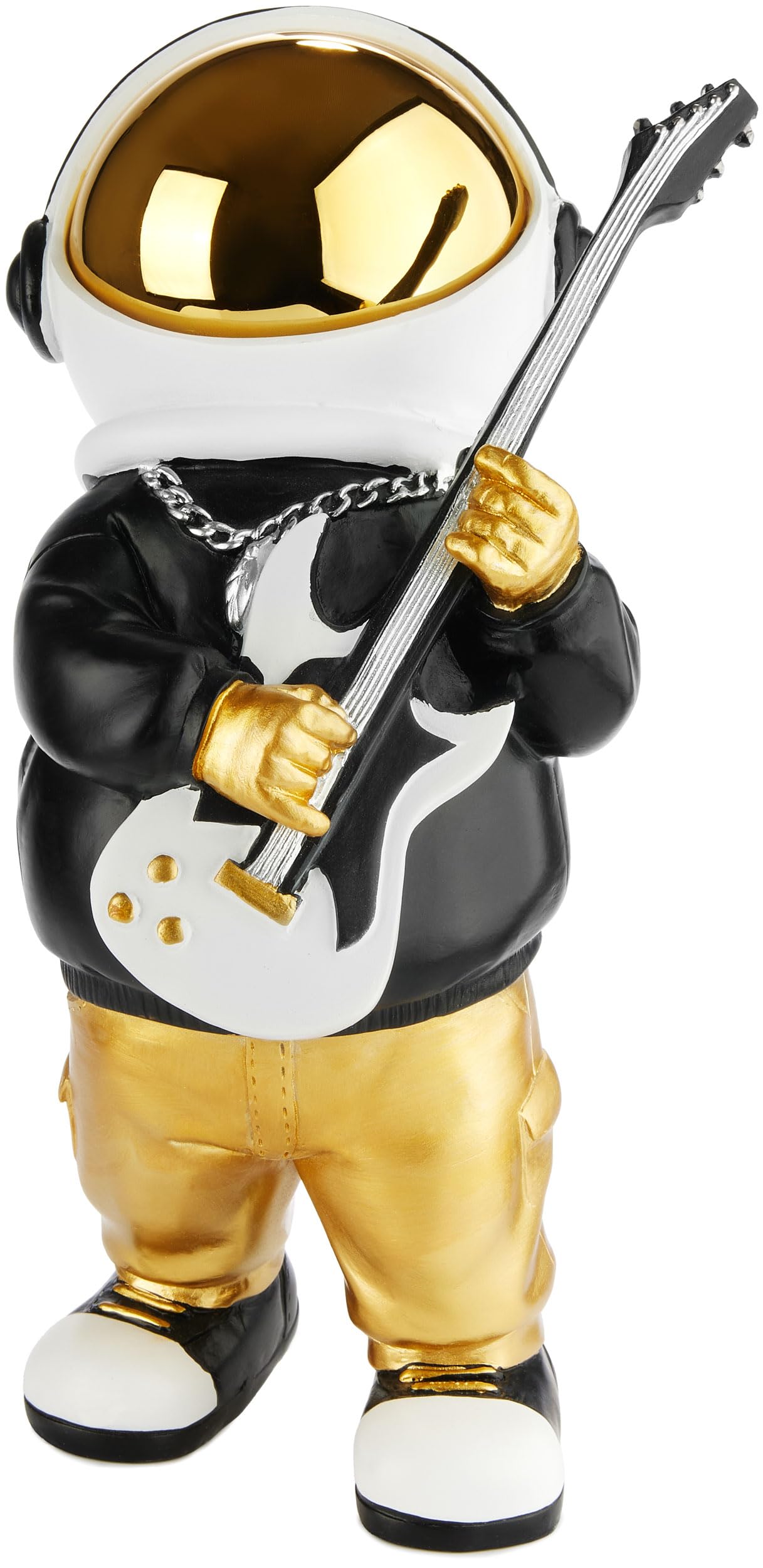 BRUBAKER Decorative Figure Astronaut Guitarist with Electric Guitar - 9.5 inches (24 cm) Spaceman Space Figure with Black Hoodie and Chromed Helmet - Hand Painted - Gold, Black and White