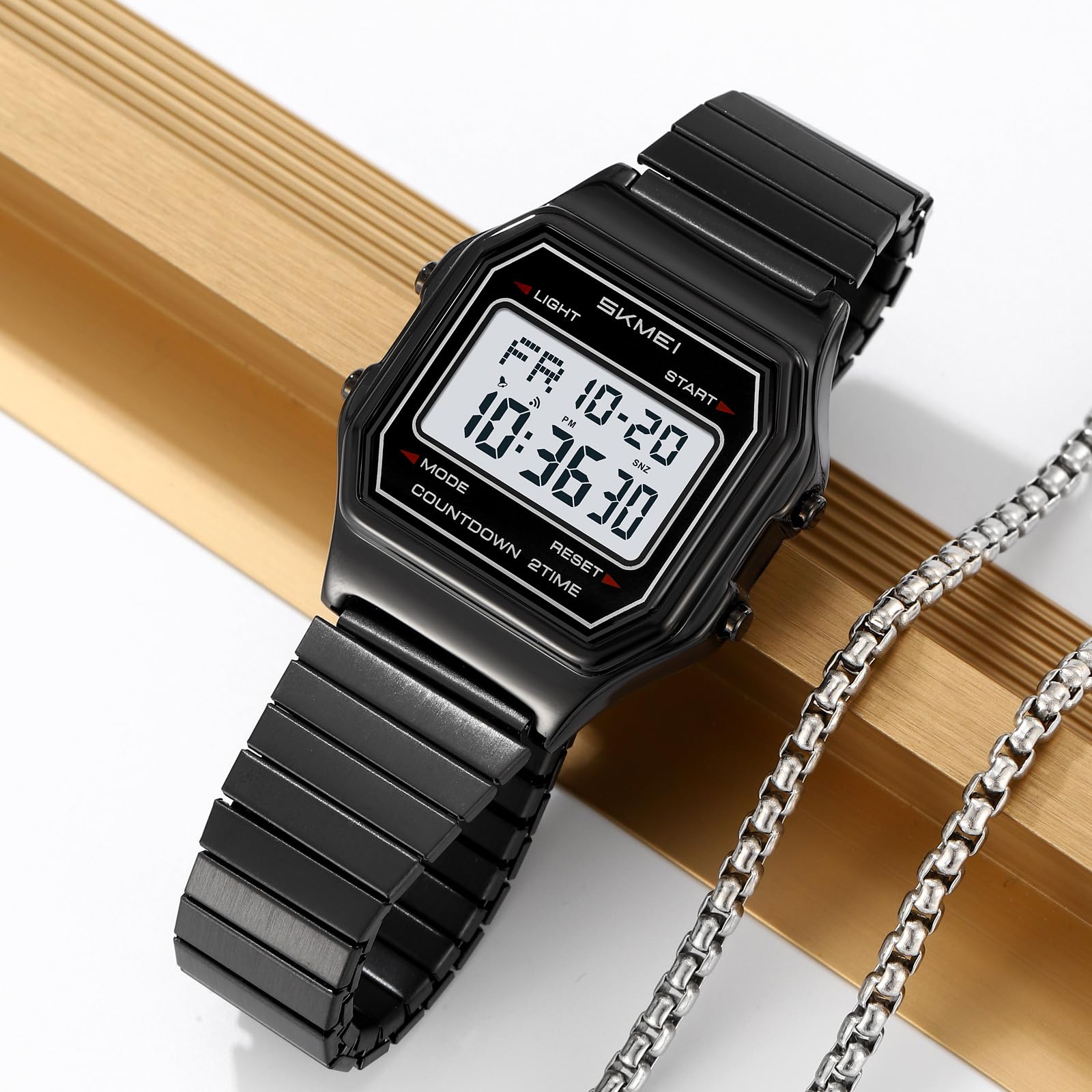 Gosasa Orologio digitale unisex con quadrante quadrato, in acciaio inox Y2K e cinturino elastico, impermeabile fino a 30 m, con retroilluminazione a LED, doppio fuso orario, sveglia, diverse opzioni