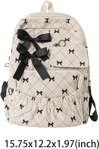 Cute Bow School Backpack Coquette Corduroy Preppy Backpack Aesthetic Y2k Kawaii Bookbag for School Daypack