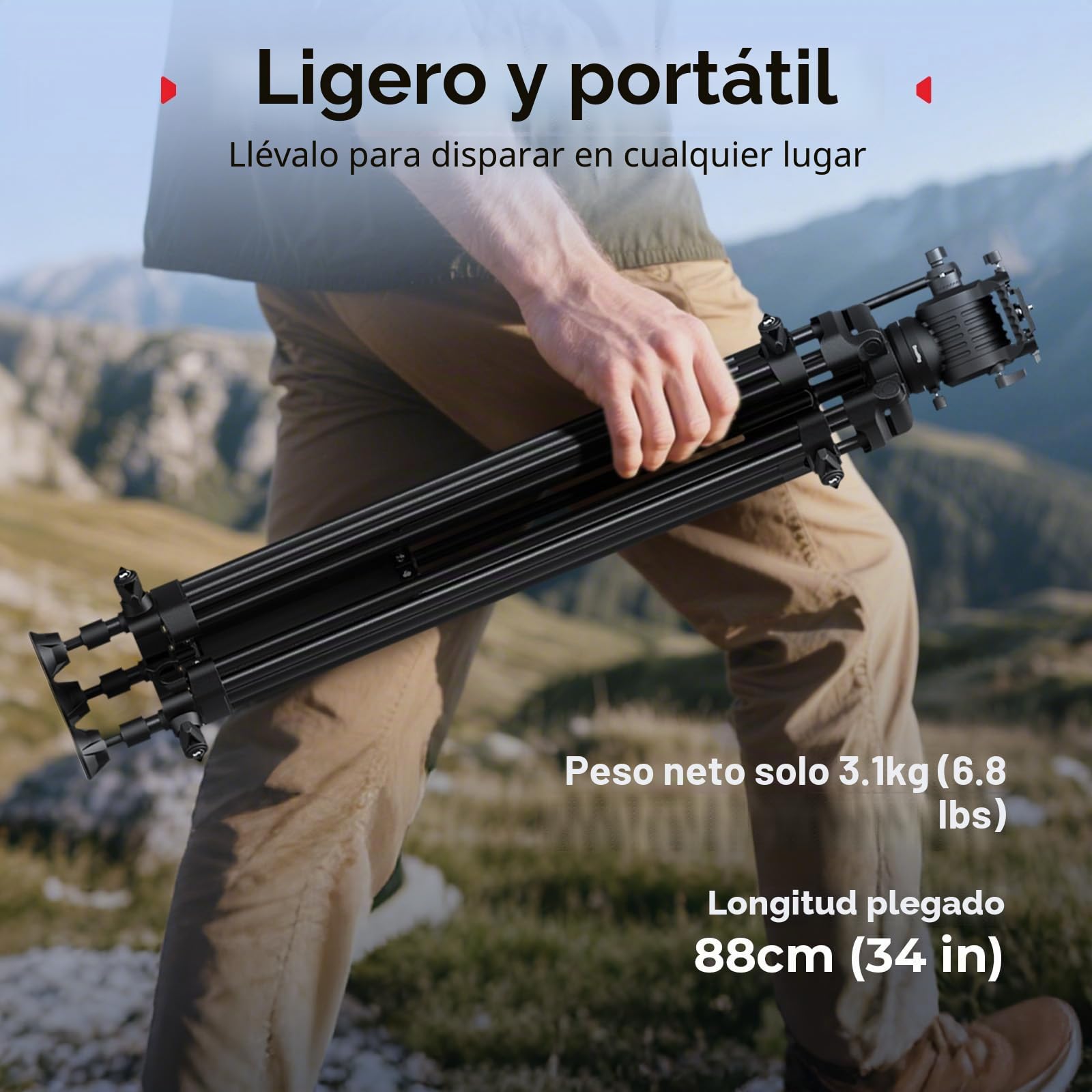 SMALLRIG Trípode Video Aluminio 186cm, Carga 8kg, Cabeza Fluida - 5440 | Trípode de viaje: Peso 3.1 kg, Altura plegado 88 cm, Altura regulable de 85 cm a 186 cm