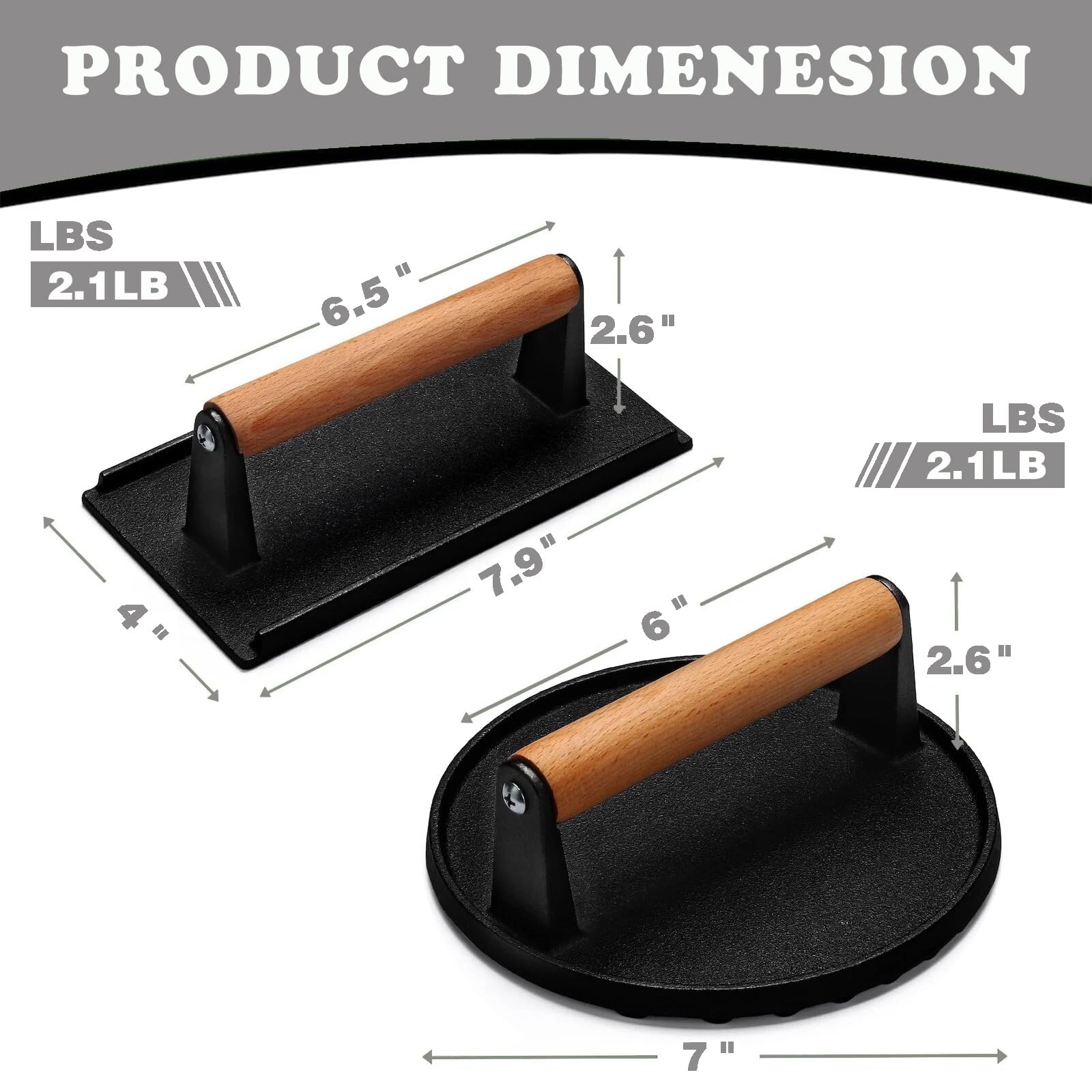 Smash Burgerpresse für Fleisch, Speck, robuste Gusseisen-Grills, Zerkleinerungs-Burgerform, Fleischkuchenmaschine mit Holzgriff für gegrilltes Steak, Speck, Sandwich, Gemüse