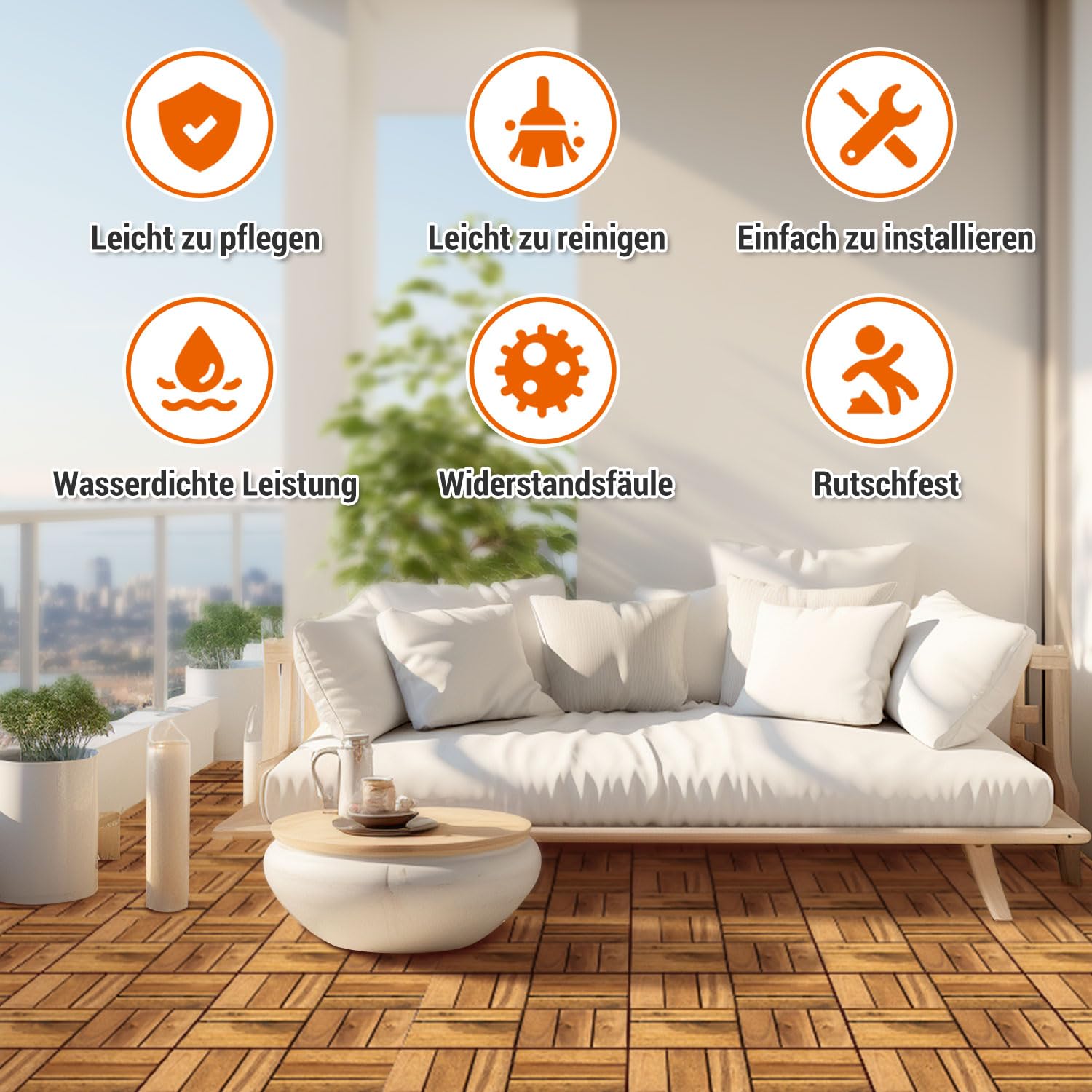 Fiqops Holzfliesen Balkon 30x30cm, Akazienholz Terrassenfliesen 11Stück 1㎡,Terassenboden Außen,Klickfliesen Terrasse Mosaik für Garten Patio,Balkon Bodenbelag (12 Latten)