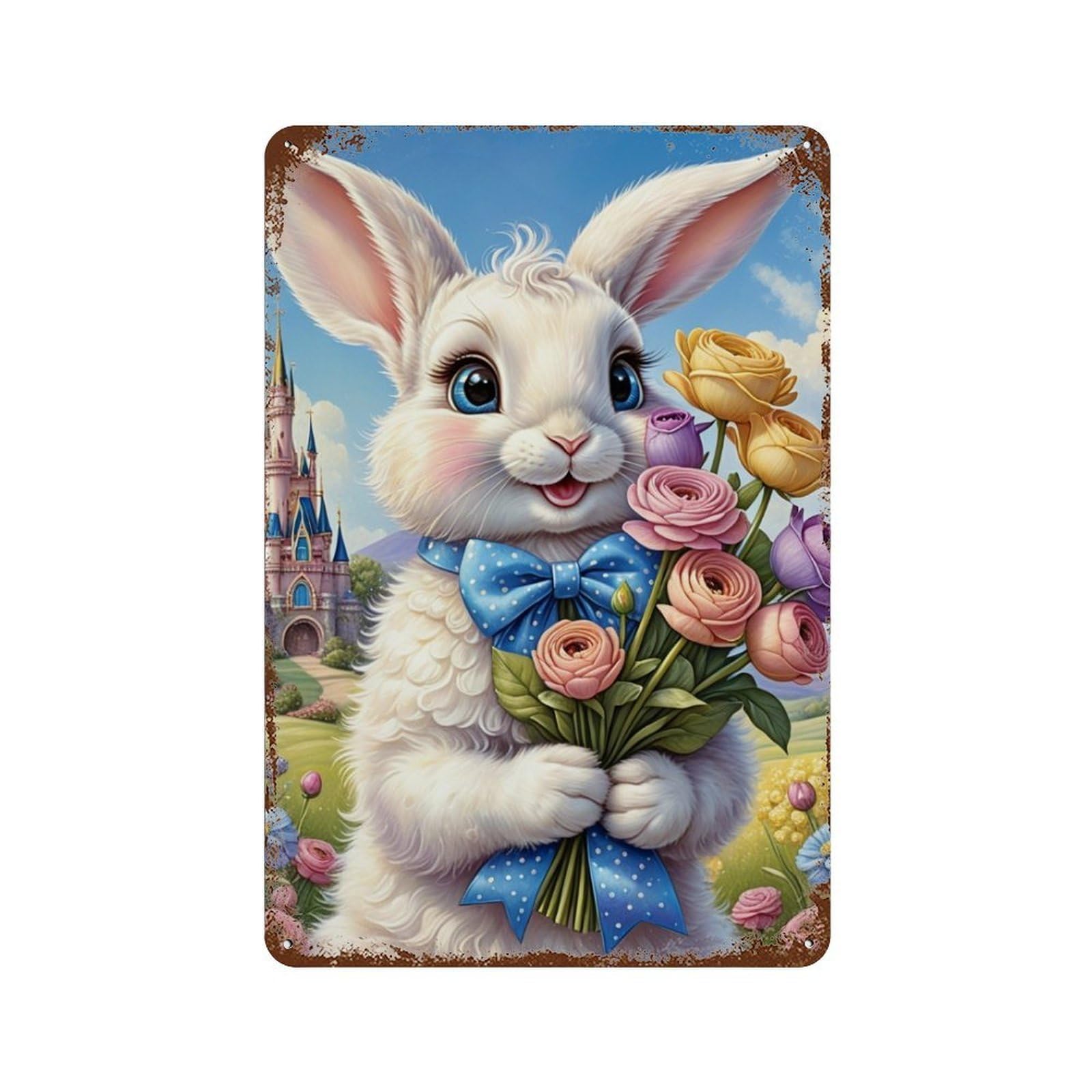 Floral Bunny Castle Background 11.8"x7.9" Rust Effect Tin Sign, Old School Wall Decor for Pub, Kitchen And Man Cave Decor