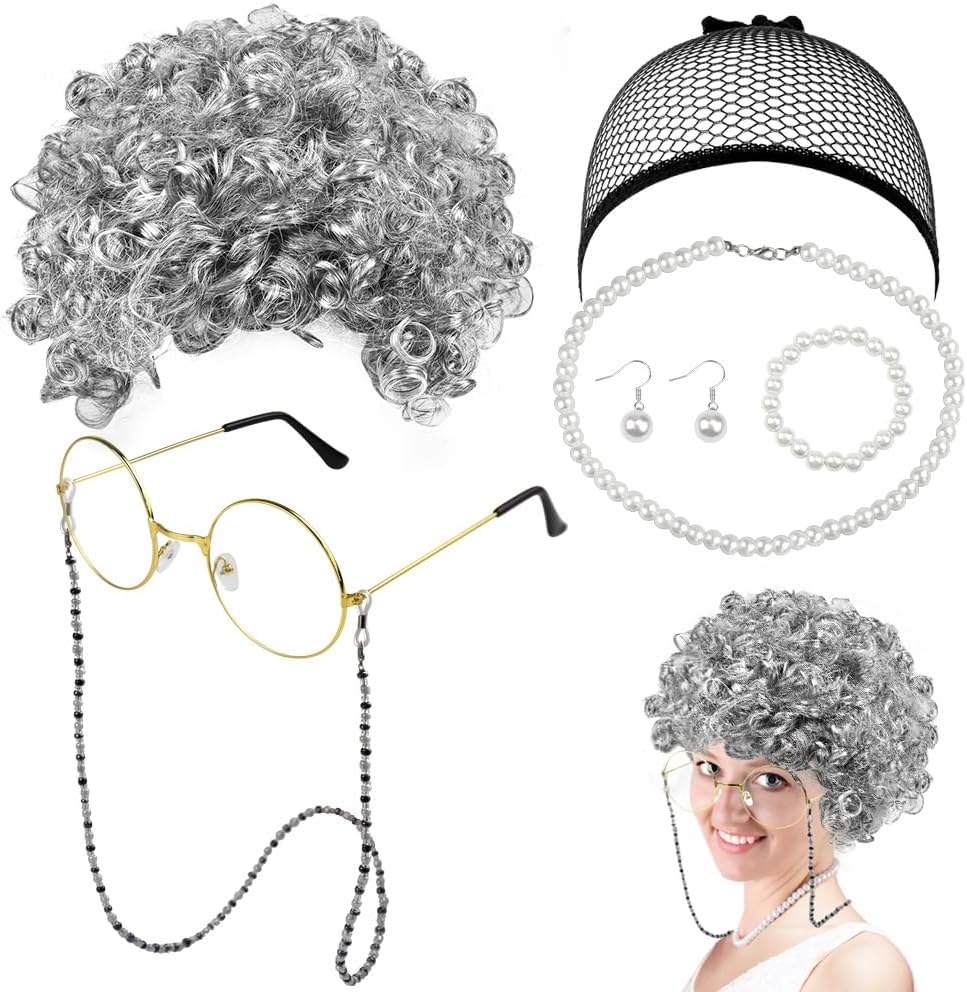 7 Pcs Old Lady Cosplay Set Old Lady Wig Granny Costume Set Grey Curly Granny Wig Wig Cap Glasses Eyeglasses Chains Strap Pearl Necklace Bracelet Earrings for Halloween Party Stage Cosplay