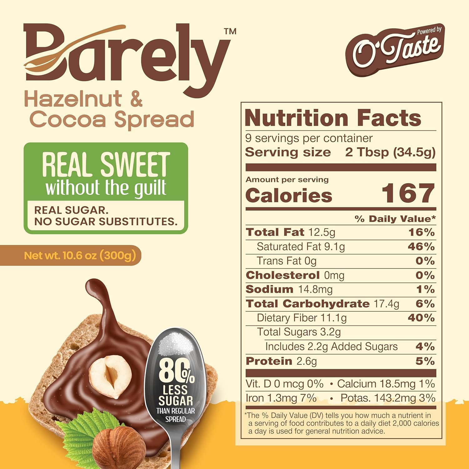 Barely Hazelnut & Cocoa Spread by Savoy Impex, Low Sugar & No Artificial Sweeteners, Vegan, Keto Friendly, Delicious Chocolate Spread & Dessert Dip – High in Fiber with just 3.2 g Cane Sugar per Serving (1-Pack) 1