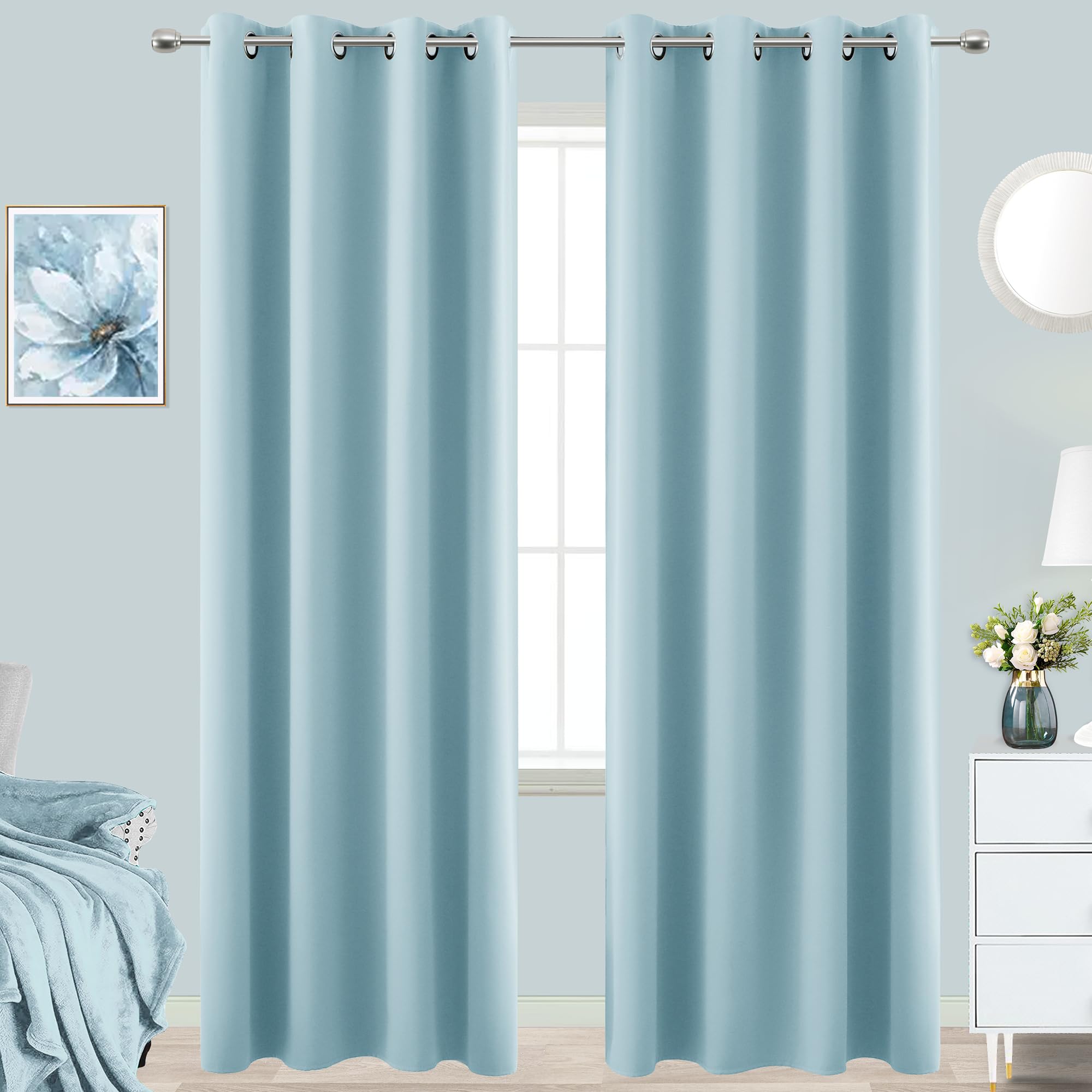 Light Blue Grommet Blackout Curtains 96 Inch Length for Living Room