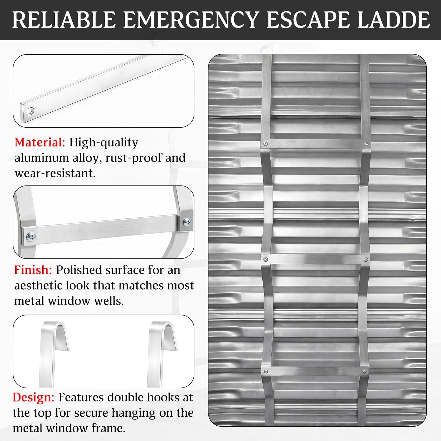 Egress Window Well Ladder 3 Step, Aluminum Basement Escape Ladder 14" W x 50" H with Hook, 300lbs Capacity for Emergency Home Safety