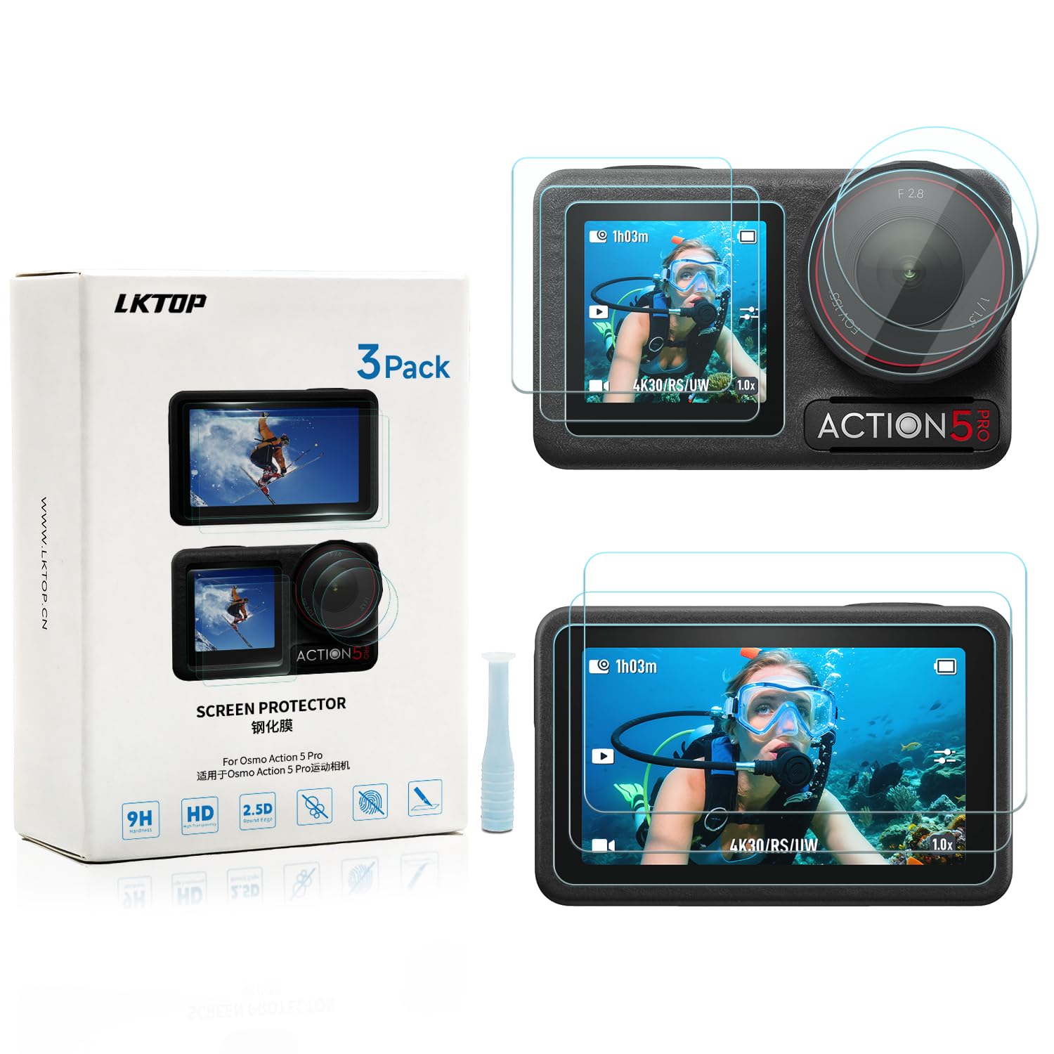 LKTOP 3 Pack DJI Osmo Action 5 Pro Screen Protector, Tempered Glass Front+Back+Lens Film LCD Display Cover for Action5 Pro Accessories, Ultra HD 9H