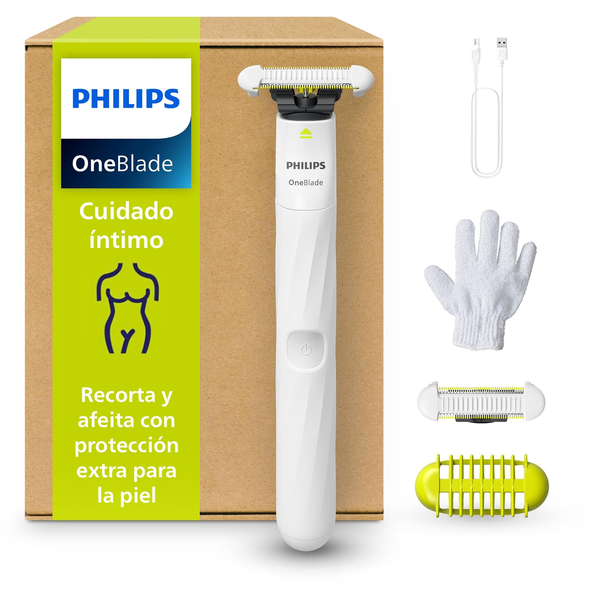 Philips OneBlade Intimate, Cuidado Íntimo, Recorta y Afeita con Protección Extra para la Piel, Depilación apurada y cómoda — sin rasurar completamente al ras, Modelo QP1924/28