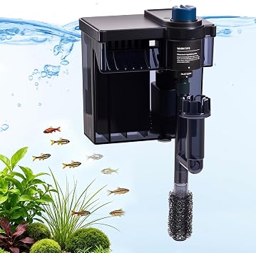 Hang on Back Aquarium Filter，Aquarium Filter，Quiet for 3-15 Gal. | Adjustable Flow, With surface skimmer and sponge guard.Freshwater & saltwater compatible, 6W, 140 GPH.