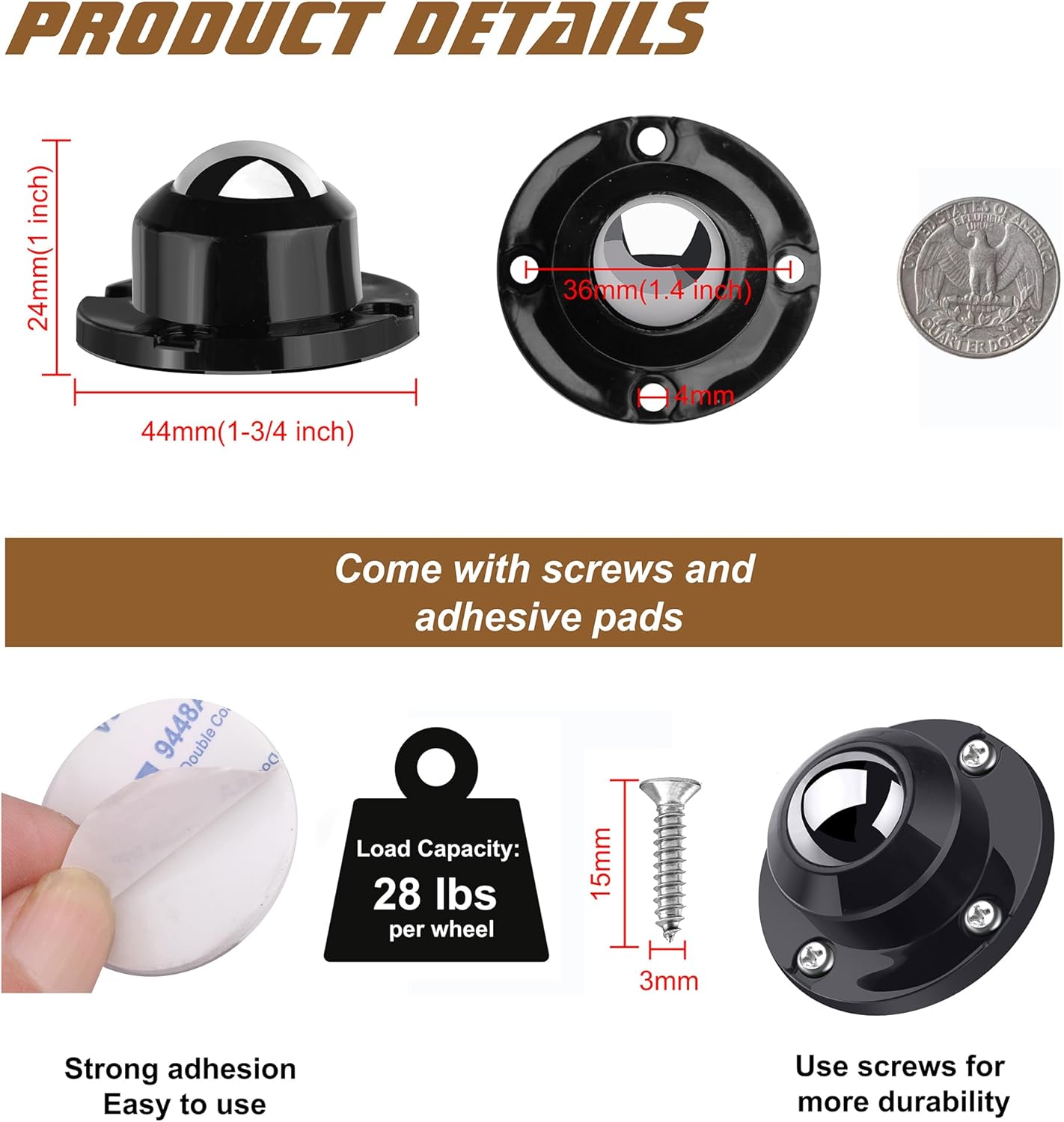 PlusRoc 8 Pack Self Adhesive Caster Wheels and 12 Pack Stainless Steel Furniture Corner Connectors