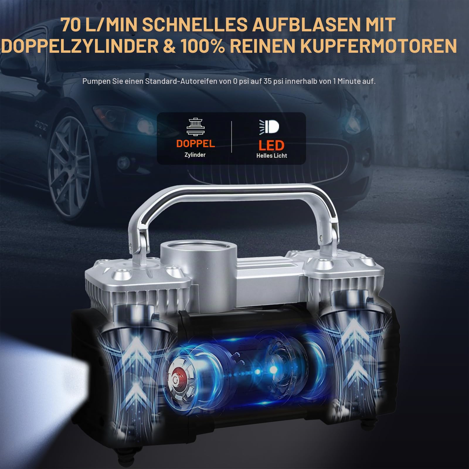 GSPSCN Tragbare Doppelzylinder Kompressor 12V Elektrische Luftpumpe 150PSI | 6x Schneller,Hochleistungs-Luftkompressor,Metall Reifenpumpe für PWK,SUV,LKW,Fahrräder,Wohnmobil,Kleintransporter,Bälle