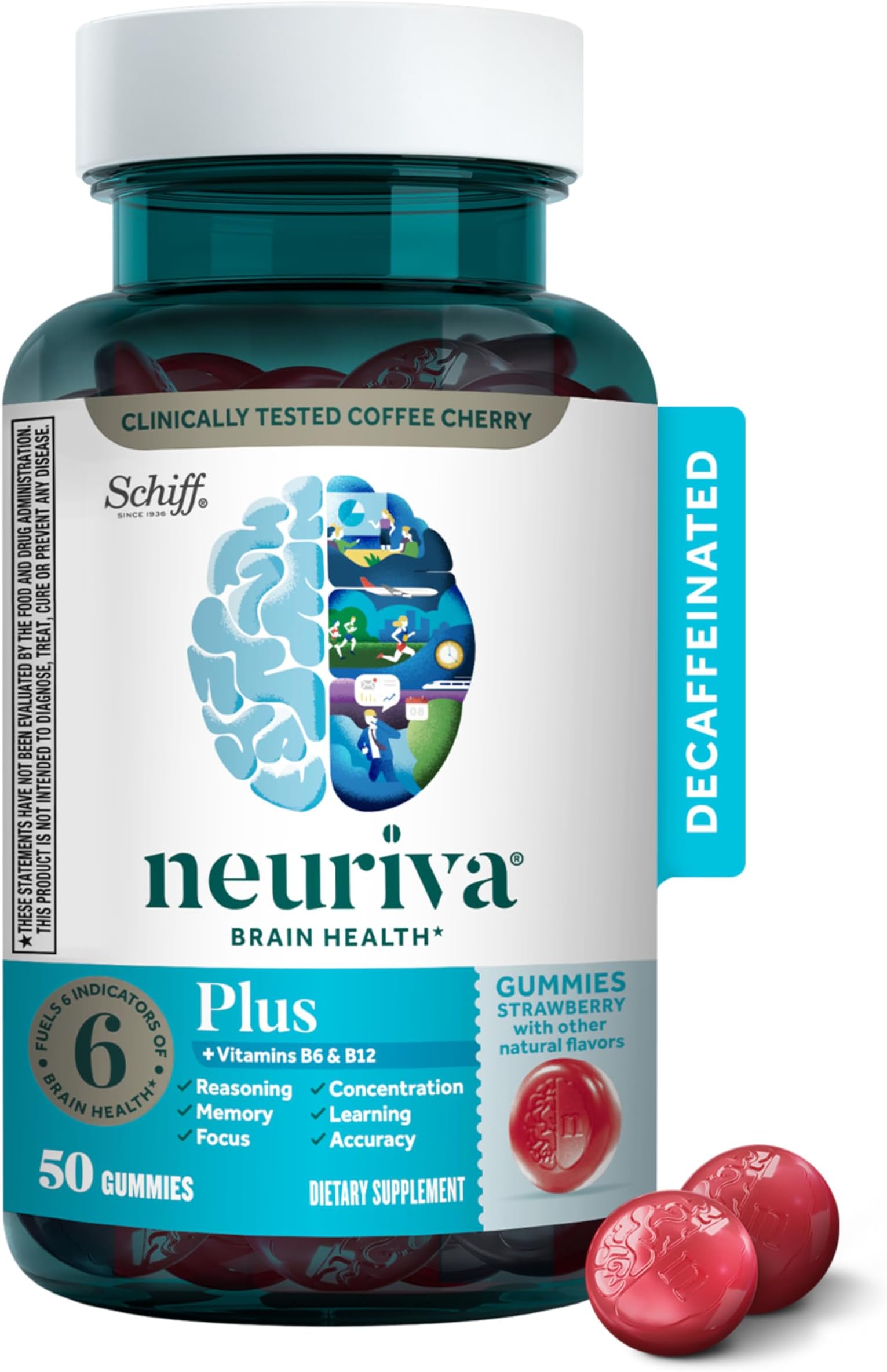 Plus Brain Supplement For Memory, Focus & Concentration + Cognative Function with Vitamins B6 & B12 and Clinically Tested Nootropics Phosphatidylserine and Neurofactor, 50ct Strawberry Gummies