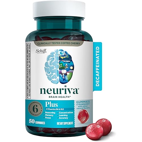 NEURIVA Plus Decaffeinated Nootropic Brain Supplement for Memory, Focus & Concentration & Cognitive Function, Clinically Tested NeuroFactor, Phosphatidylserine, Vitamins B6 B12,50ct Strawberry Gummies