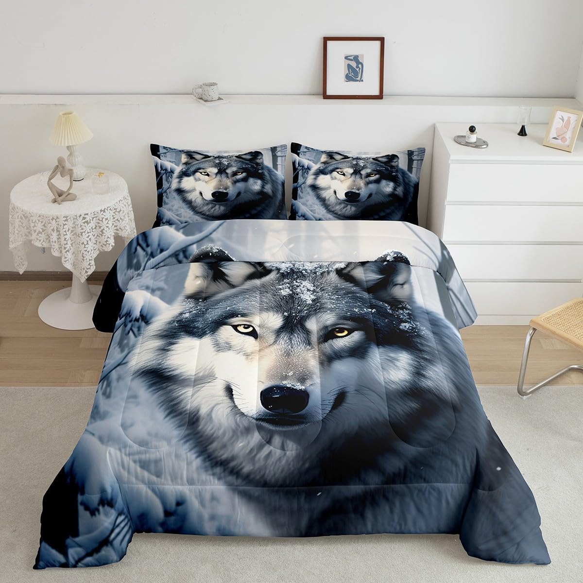 Castle Fairy Wolf Comforter Set Queen Size,Nature Wild Animals Quilt Set 3pcs,3D Print Winter Snow View Bedding Set for Kids Teens Adults Home Decor,White Black Microfiber with 2 Pillowcases