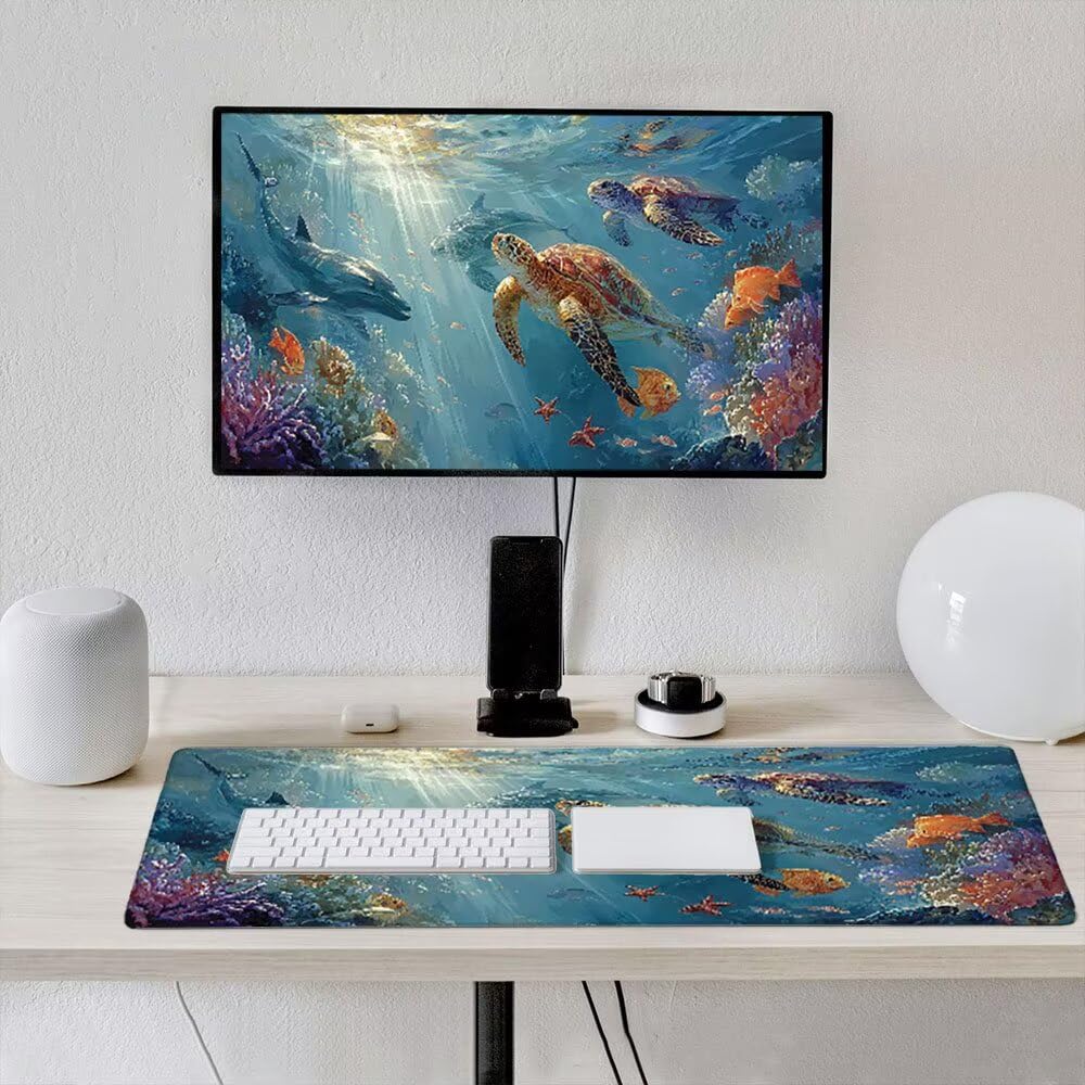 Podkładka pod mysz dla graczy, 1600 x 800 mm XXL podkładka pod mysz do gier duża, zmywalna klawiatura biurowa mata antypoślizgowa gumowa wodoodporna zszyte krawędzie, gracz komputer PC, koralowy żółw