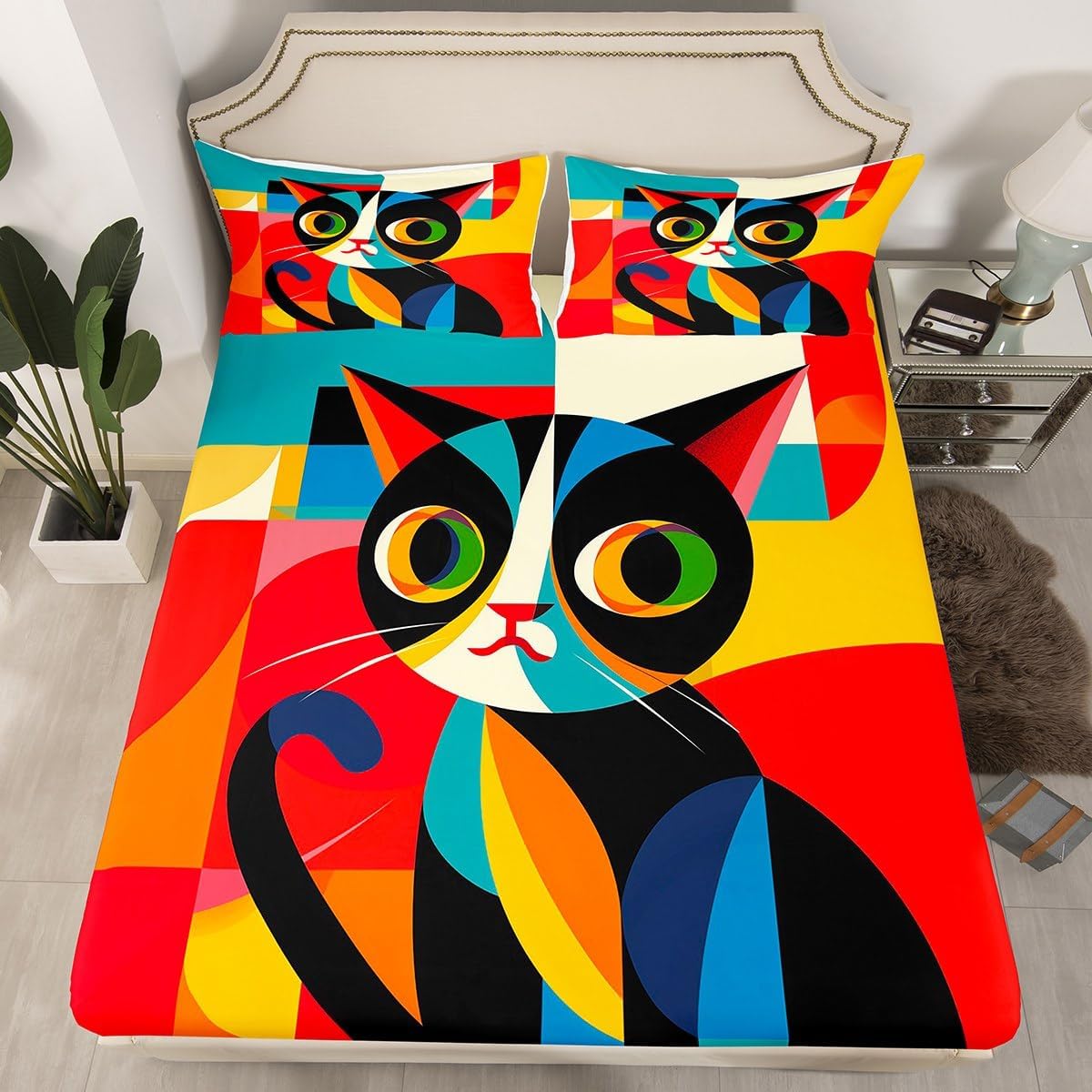 Erosebridal Cat Checkered Fitted Sheet Full Size Girls Cartoon Cat Bed Sheets,Funny Animal Printed Bedding Buffalo Plaid Bed Cover Kids Orange Grey Home Decor,Soft 3 Piece for All Season