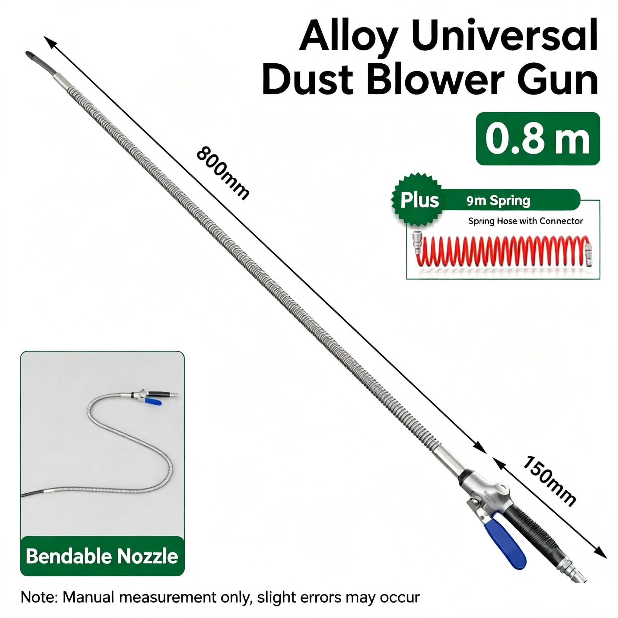 Pistola sopladora neumática con Tubo Flexible de Acero Inoxidable,aleación y Boquilla metálica para compresor 1/4", Limpieza de Motor, Taller y maquinaria,800mm Blow x 9m Air Hose