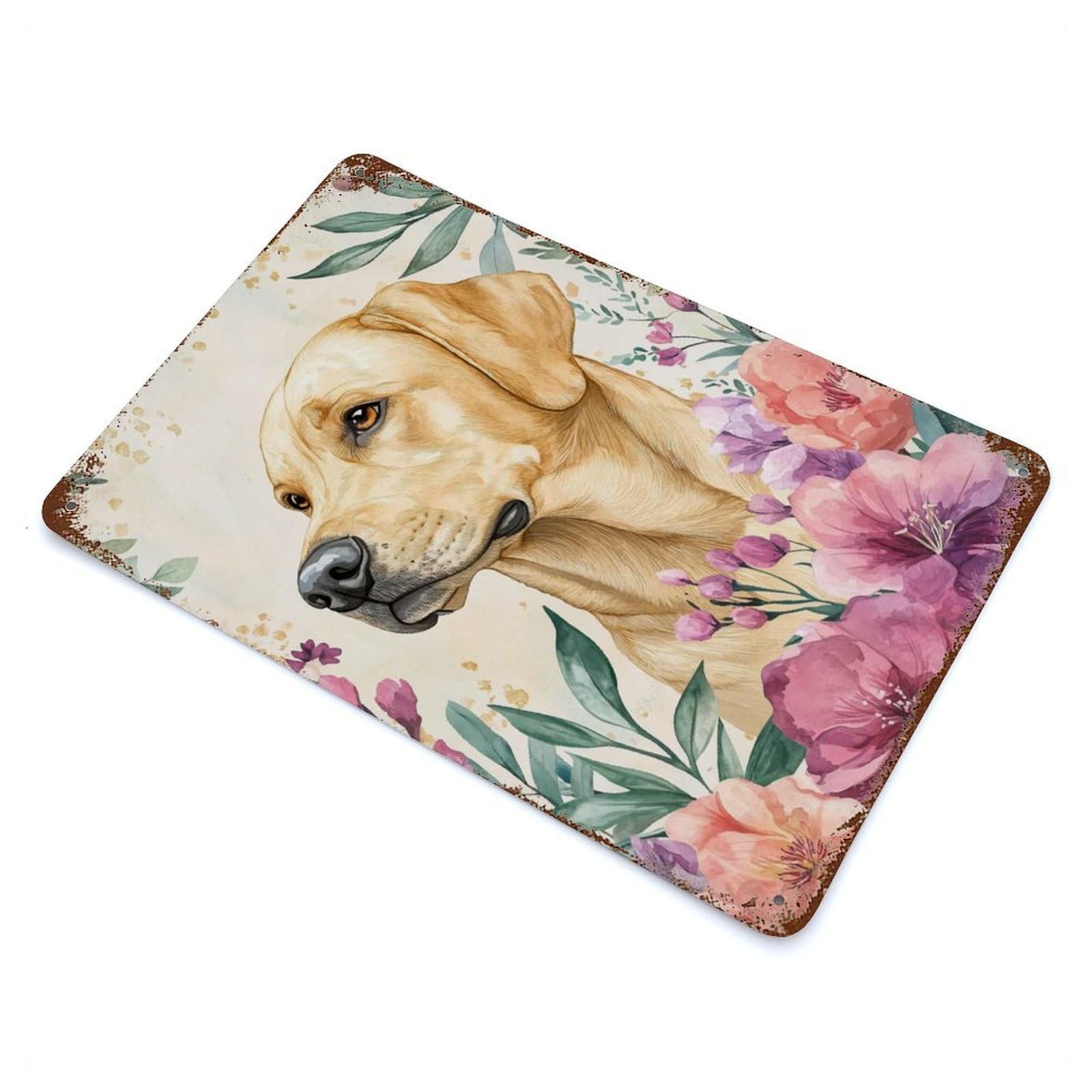 Golden Retriever with Flowers Rusty Metal Tin Sign 11.8"x7.9", Ideal for Pub, Kitchen And Man Cave Decor
