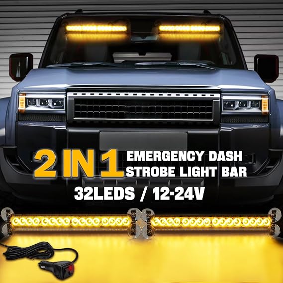 2x17Inch Led Car Strobe Warning Lights - 32LED Emergency IP65 Flashing Recovery Warning Strobe Light Beacon, 23 Flash Patterns Flashing Light for Car Vehicles Trucks (amber.)