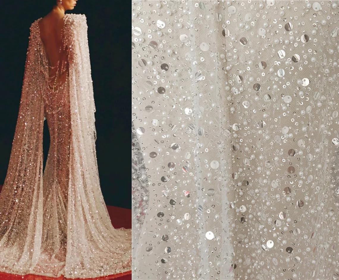 51" Wide Exquisite Heavily Pearl Soft Tulle Mesh Wedding Lace Fabric Embroidered French Sequined Bead Lace Fabrics for Handmade DIY Wedding Evening Dress Bridal Veil (White, Cut by The Yard)
