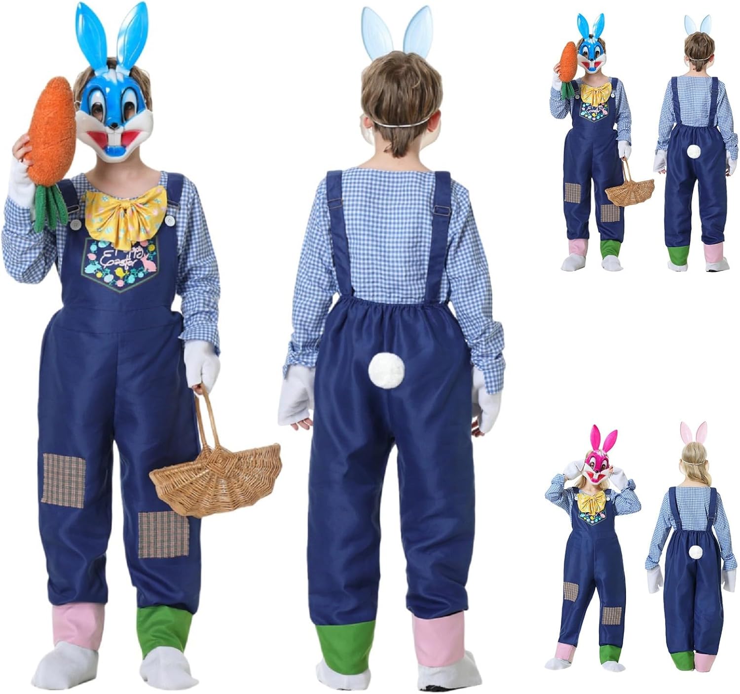 Kids Easter Bunny Overalls Set Denim Dungarees+Shirt+Gloves+Eye Patch+Foot Cover 5pcs Outfits Set with Pom Pom Tail