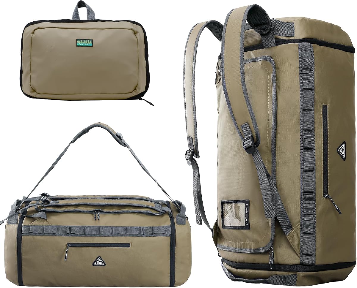 Haimont Duffel Mochila Bolsa 50L Repelente al Agua Deportes Bolsa de Gimnasio Plegable Hombres Mujeres con Compartimento para Zapatos para Viajes Senderismo Camping al Aire Libre, Actualización, Caqui