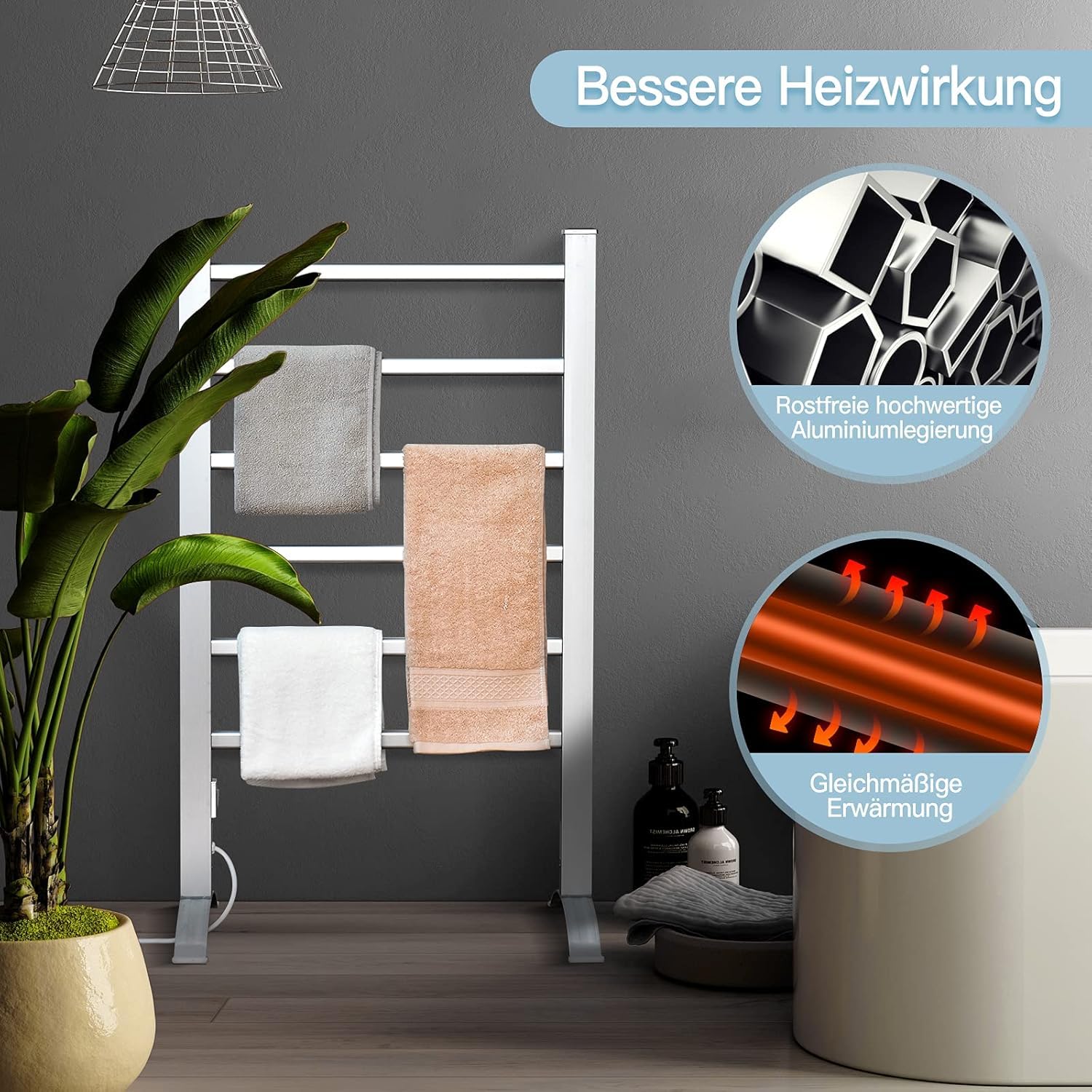 FANTASK 2 in 1 elektrischer Handtuchwärmer, Handtuchhalter mit 6 Stangen freistehend & wandmontiert, 100W Handtuchheizkörper Aluminiumrahmen, Handtuchtrockner Badheizkörper