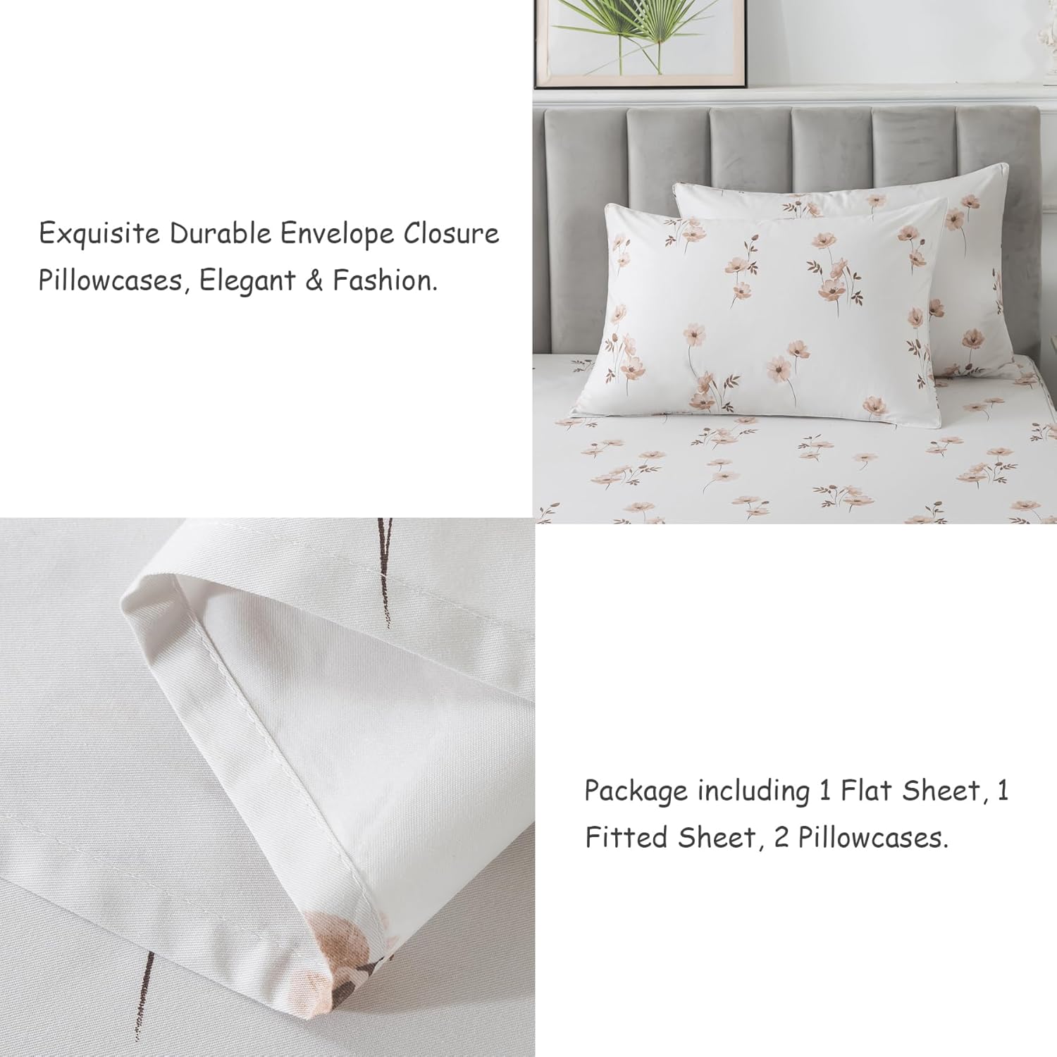 Lemfux Sheet Set 100% Cotton 4 Piece Tan Floral Pattern White Botanical Deep Pocket 17.5", Soft Breathable Bed Sheets, Farmhouse Twin 1 Flat Sheet, 1 Fitted Sheet 39"x75", 2 Pillowcases 20"x29"